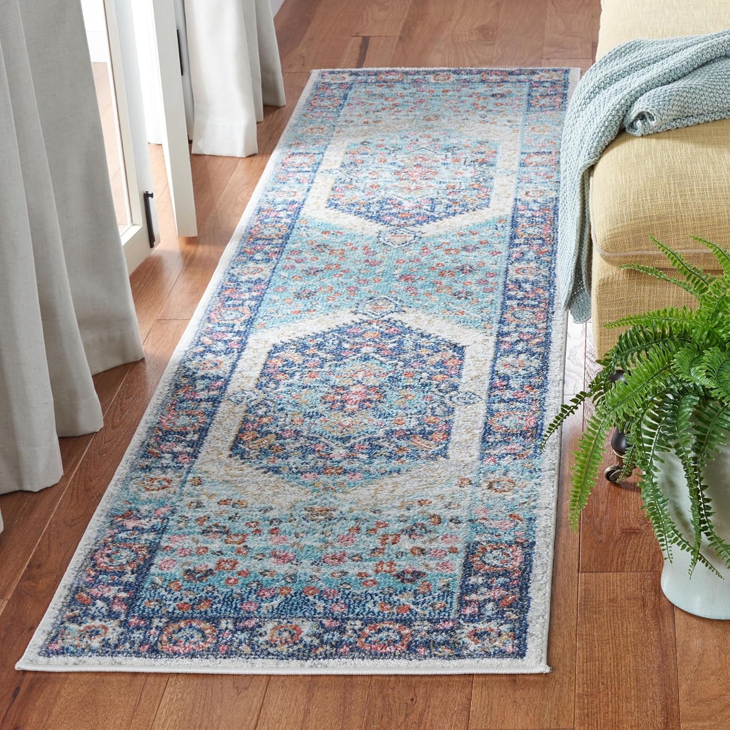 SAFAVIEH Phoenix Collection Runner Rug - 2'2" x 8', Ivory & Blue, Boho Chic Oriental Medallion Design, Non-Shedding & Easy Care, Ideal for High Traffic Areas in Living Room, Bedroom (PHX291A)