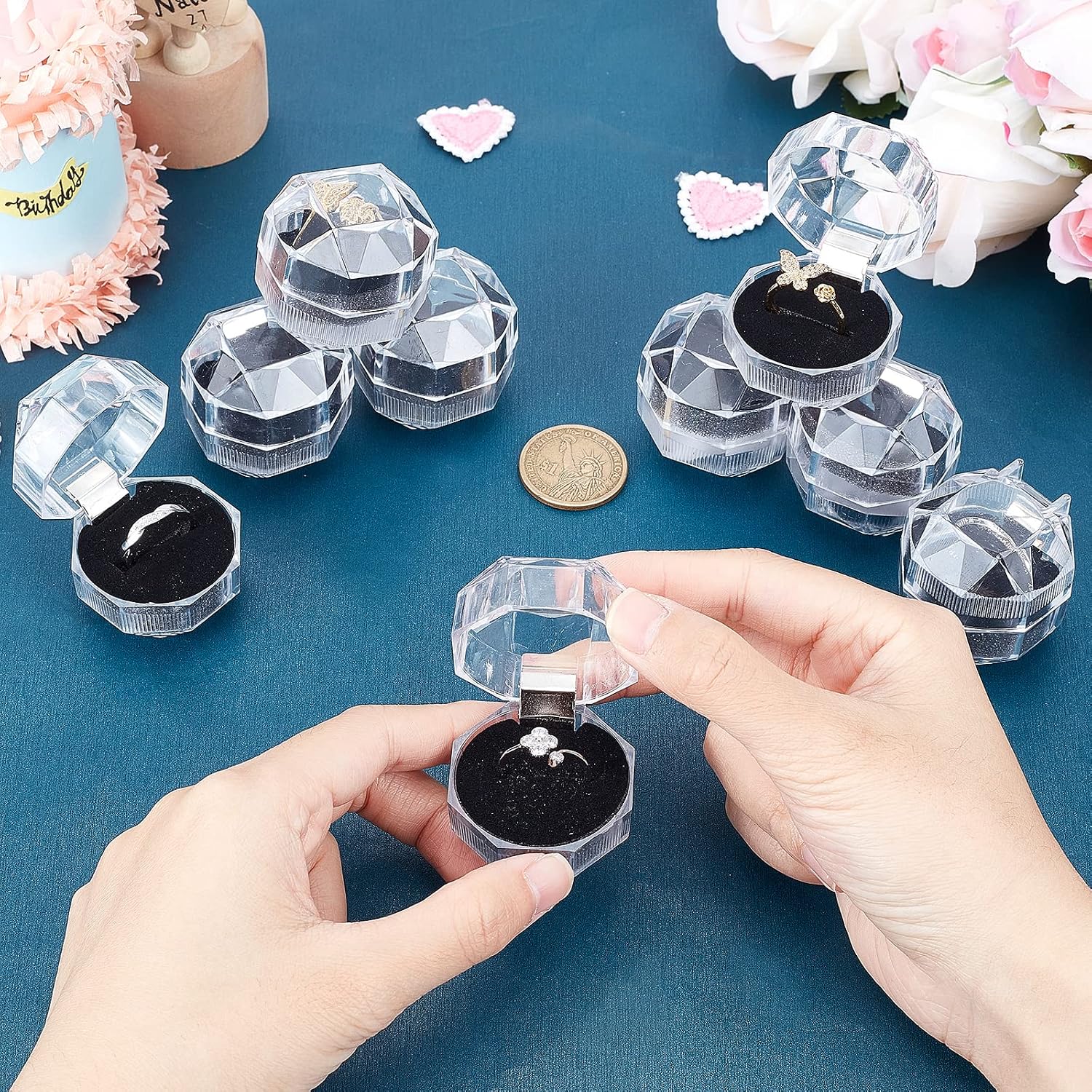 CHGCRAFT 40Pcs Black Clear Plastic Ring Boxes Crystal Earrings Jewelry Storage Boxes Display Organizer Case with Foam Insert for Wedding Proposal Valentine's Day, 1.5×1.5 Inch
