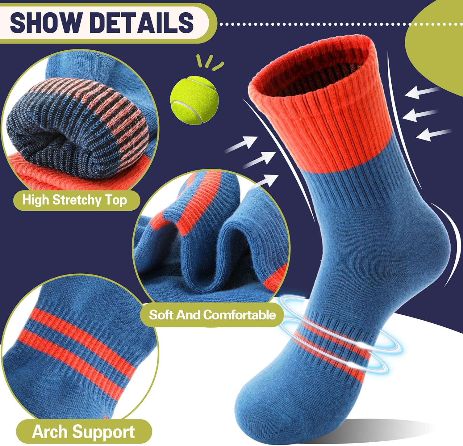 EBMORE 6 Pairs Kids Boys Socks Athletic Basketball Sport Breathable Crew Soft Cotton Youth Socks for Outdoor - Image 4