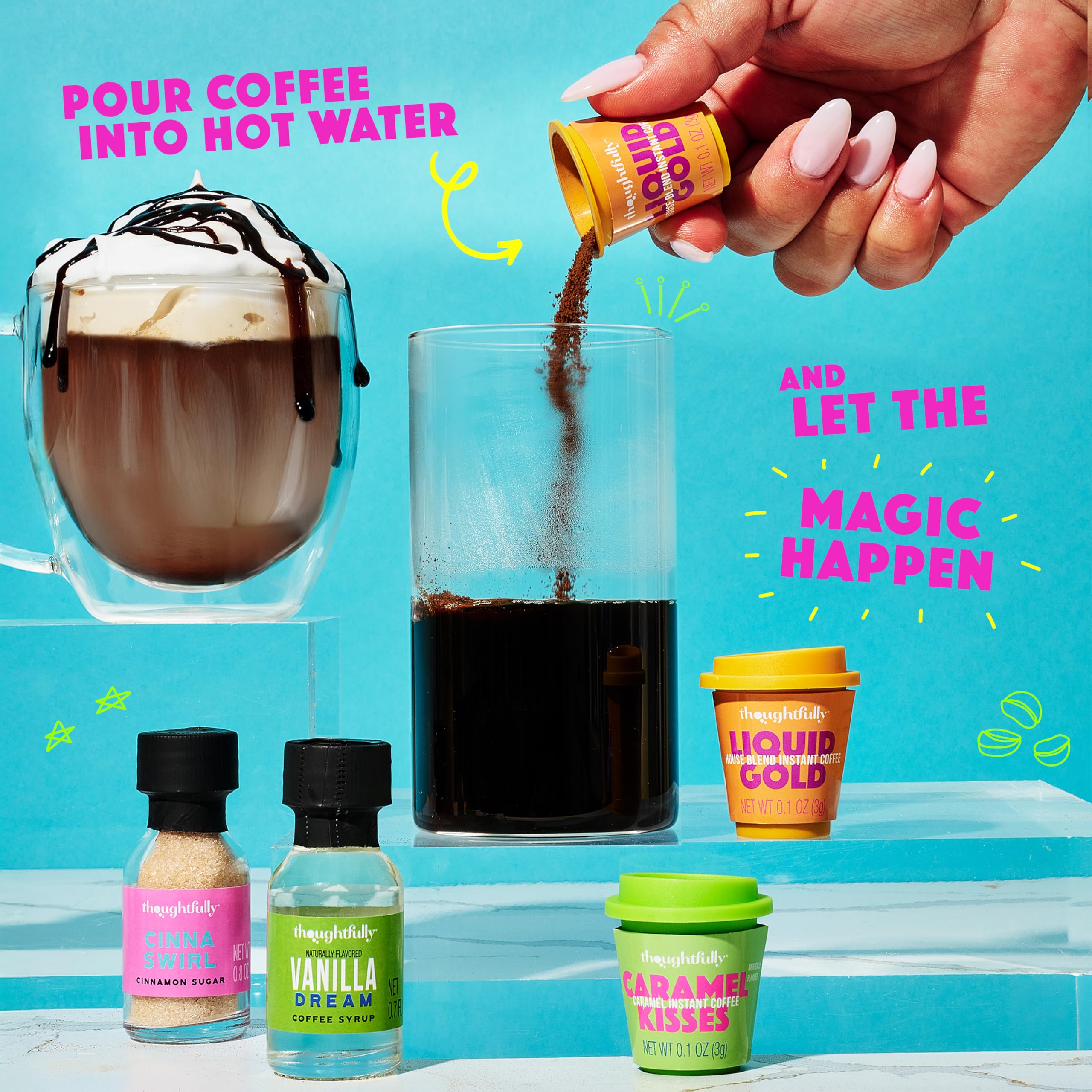 Thoughtfully, Iced Coffee Barista Bar Gift Set, Includes Instant Coffee, Flavored Syrups, Cocoa Powder & Cinnamon Sugar, DIY Coffee Station Sampler Gift for Coffee Lovers