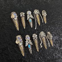 100% Handmade Nails Mystery Gold Stelitto Press On Nails Full Cover 3D Gems Luxury Gorgeous Reusable UV Finished Fake False Nails Acrylic Nail Kit With Box Gifts Women Mother's Day L