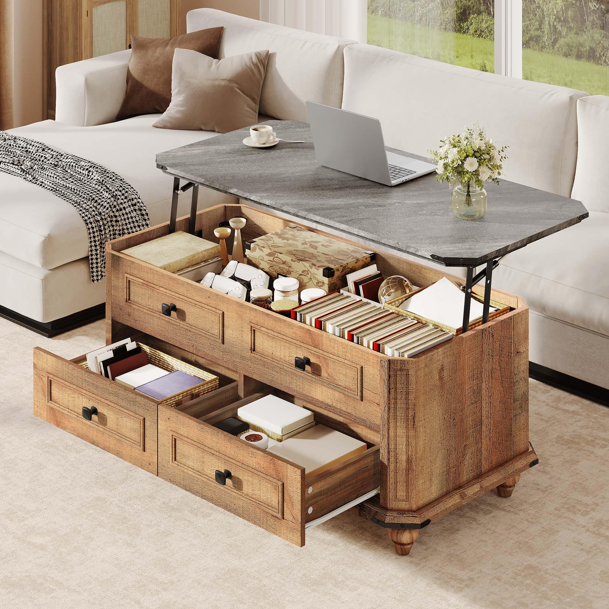 DWVO Lift Top Coffee Table with Storage, Farmhouse Wood Central Table w/Large Hidden Compartment, 2 Storage Drawers, Lift Tabletop Dining Table for