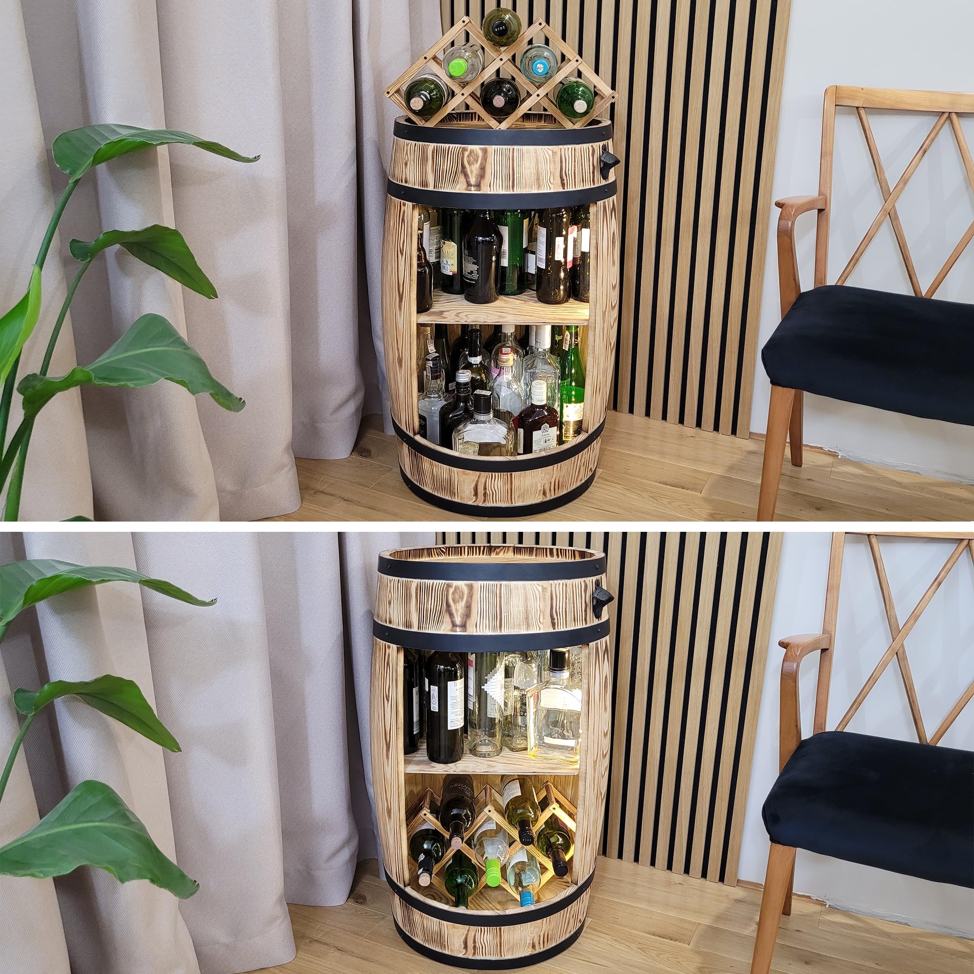 weeco Portabottiglie in legno con luci a LED e portabottiglie – Barile in legno per bicchieri e bottiglie – Montabile – Armadietto per vino – Set regalo – Wine Rack in legno 80 x 50 cm