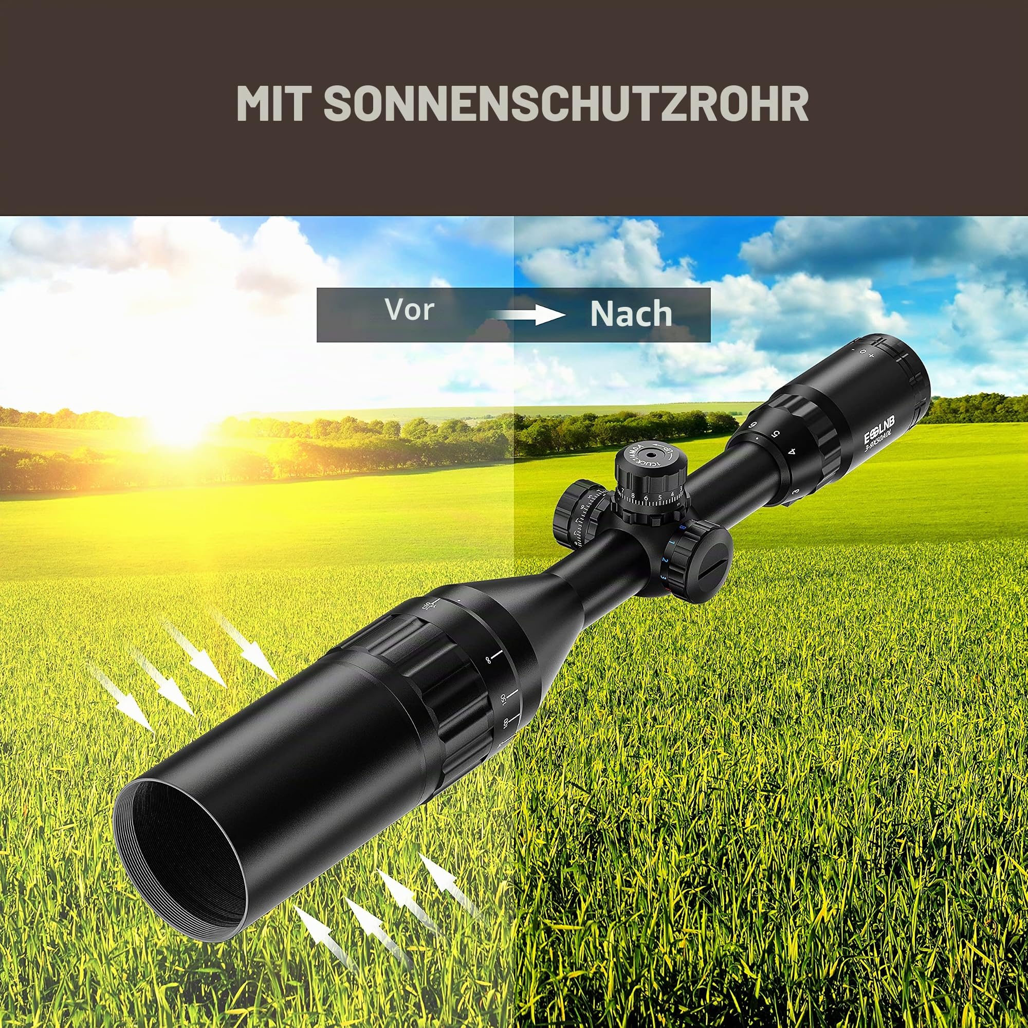 ESSLNB Zielfernrohr 3-9x50MM Airsoft Luftgewehr Rot/Grün/Blau Mil Dot mit 20mm/22mm Picatinny-Schiene Montage 3-stufige Helligkeit inkl. Sonnenblende für Taktische Armbrust Jagd und Sport