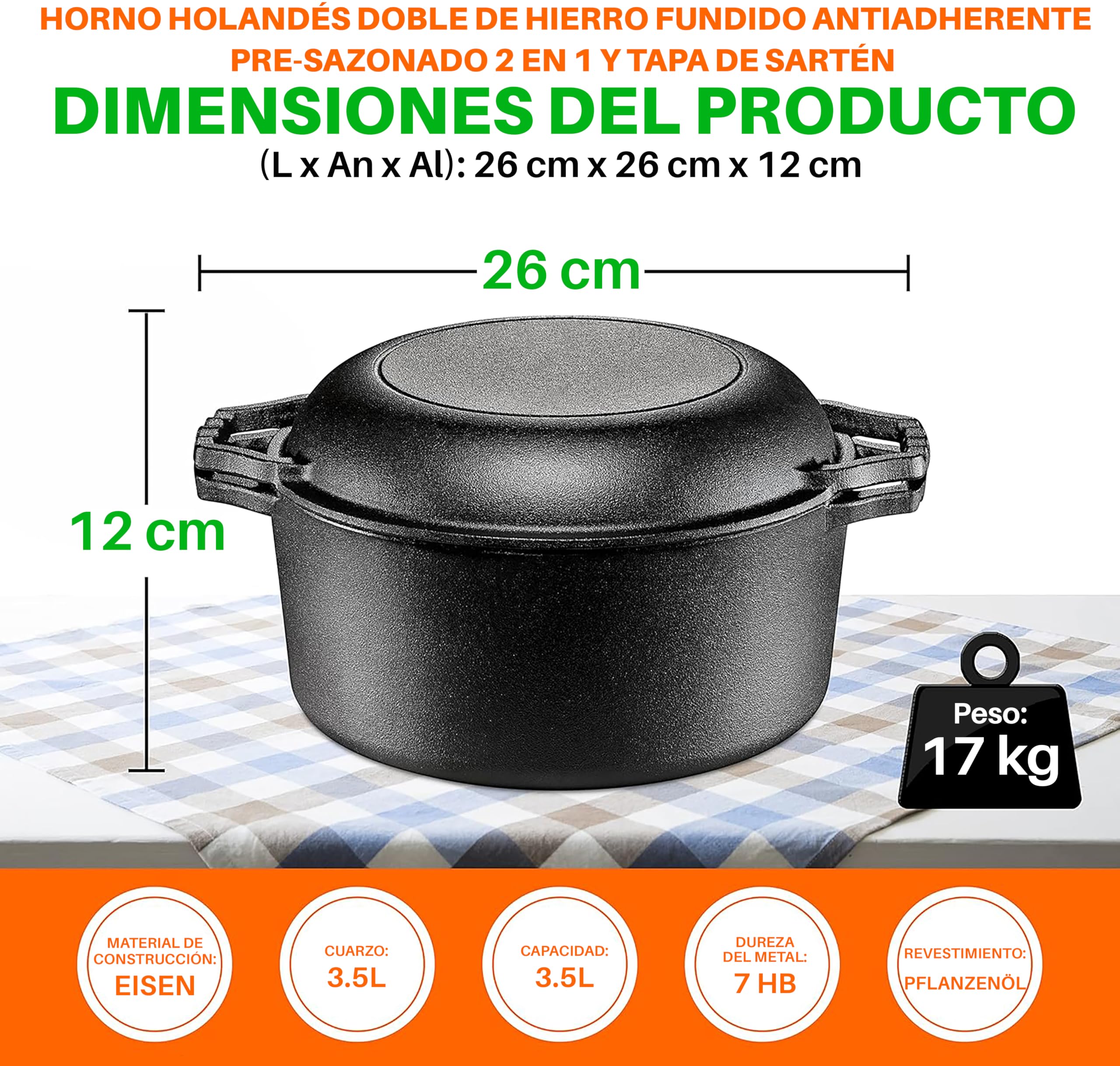 NutriChef Multi Cooker de Hierro Fundido, Horno Holandés Doble Antiadherente, Olla para Asar, Cazuela