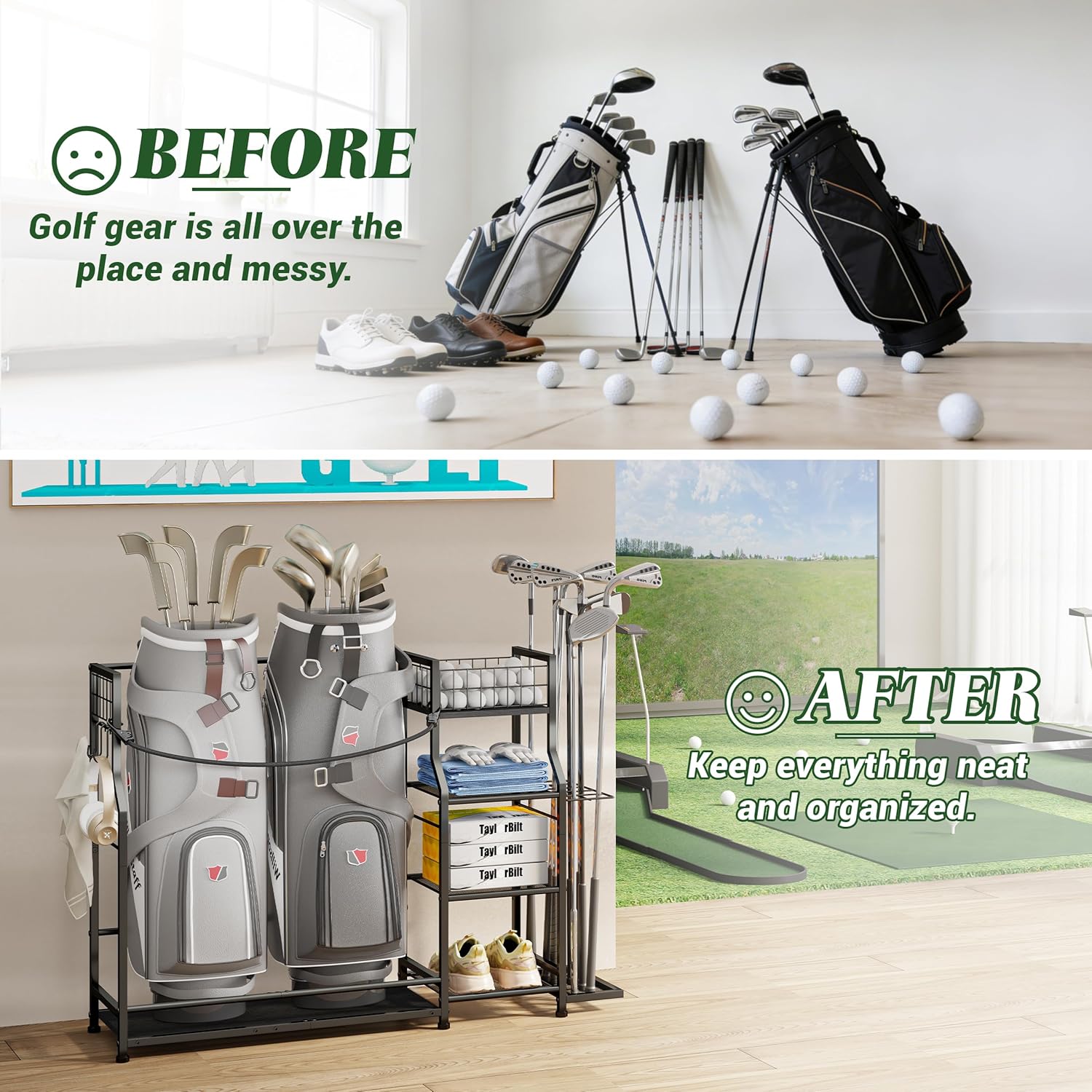 Golf Bag Storage Organizer for Golf Accessories, Golf Bag Stand with Extra Storage Rack for Golf Clubs & Golf Essentials, Golf Bag Holder for Garage Organization Fits 2 Bags, Metal & Wood Construction