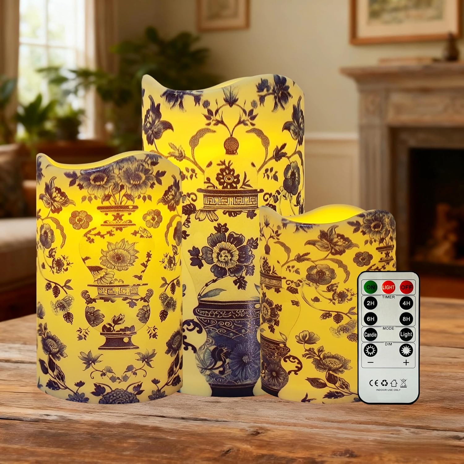 Porcelain Floral Printed Flameless Candles Set of 3, 4' 5' 6' Flickering LED Candles, Battery Operated Candle, 10-Key Timer Remote for Home Decor Gift Wedding