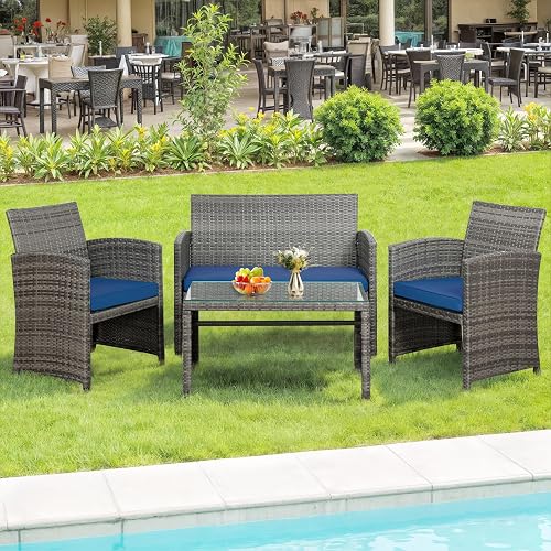 SUNLEI 4 Pcs Patio Ratten Set, Outdoor Furniture Set Wicker Conversation Set with Cushions and Tempered Glass Tabletop Outdoor Patio Furniture Sets (Dark Blue)