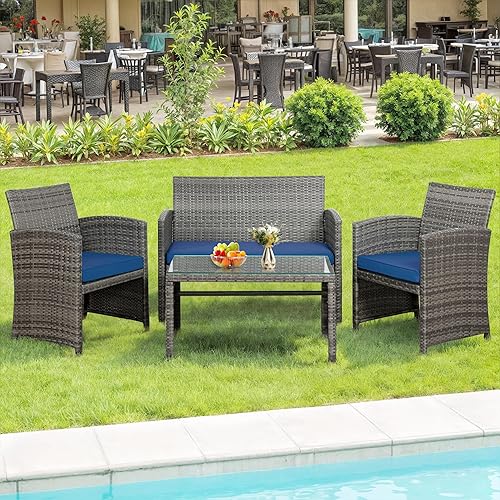 SUNLEI 4 Pcs Patio Ratten Set, Outdoor Furniture Set Wicker