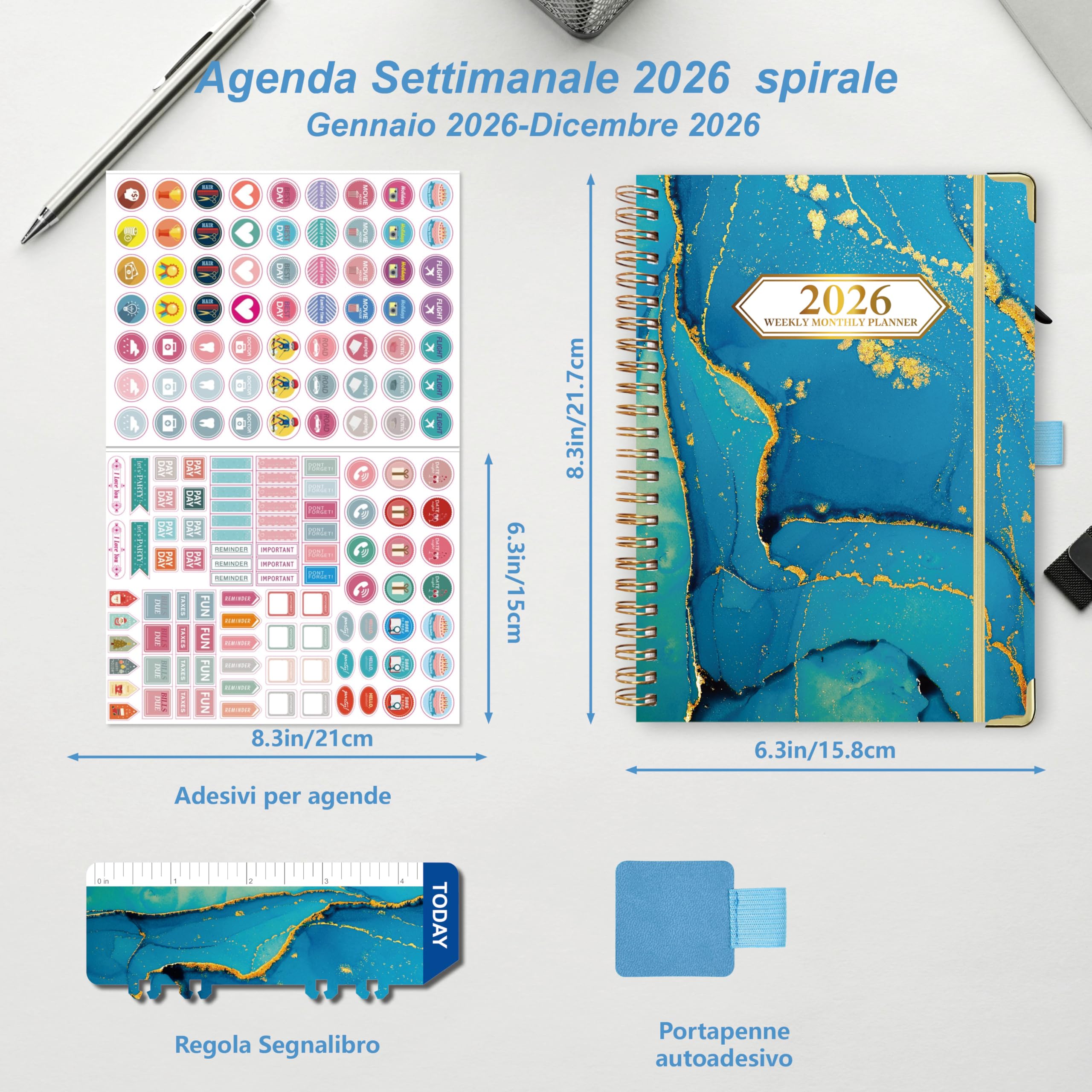 NEYSA Agenda 2026 Settimanale spirale, Diario Scuola A5 Da gennaio a dicembre 2026 (12 mesi) agenda scolastica con passante per penna, righello segnalibro e adesivi - 21,7 X 15,8 cm (Blu)