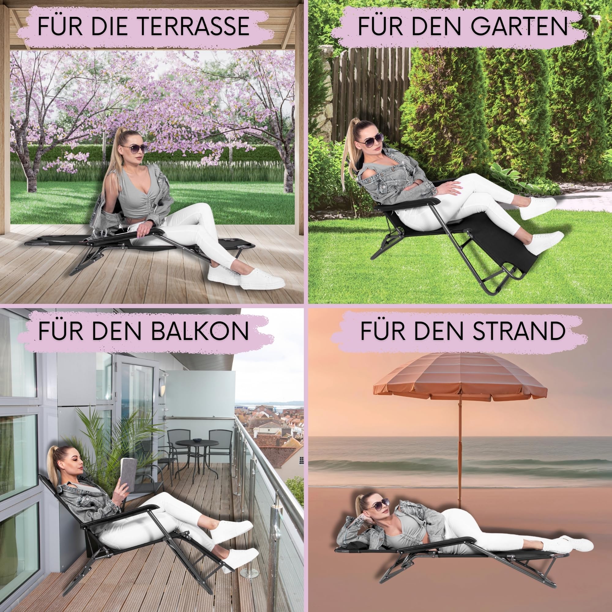 SPRINGOS Gartenliege extra hoch klappbar - Sonnenliege Balkon mit Liegefunktion & Kopfkissen - Relaxsessel Outdoor, Kippliege Garten wetterfest & klappbare Bäderliege - 60 x 120 x 85 cm