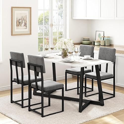 5-Piece Dining Set, 47.24-Inch Faux Marble Dining Table Set for 4, Modern Minimalist Kitchen & Dining Room Set with Velvet Upholstered Chairs for Small Spaces, Apartments (Charcoal)
