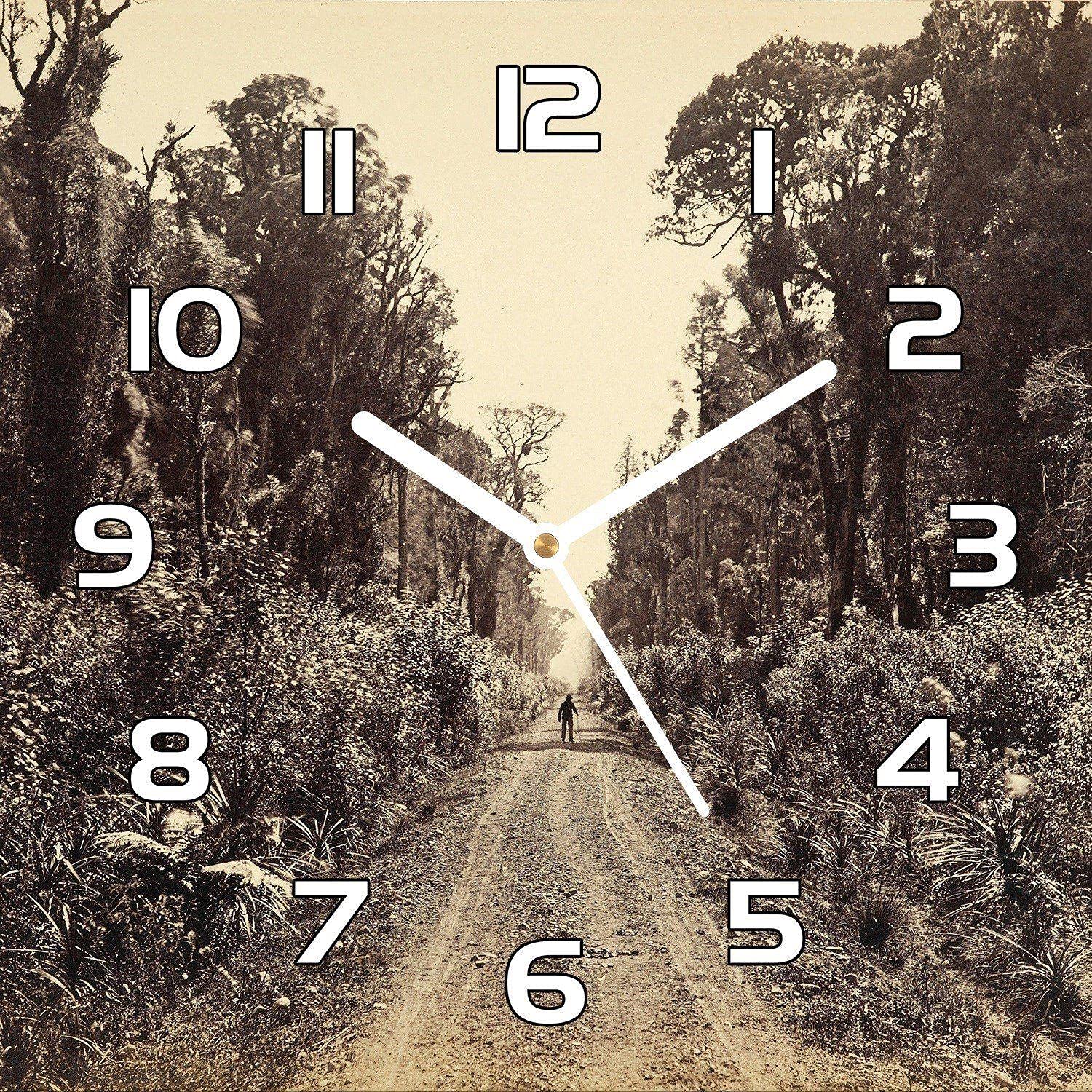 Horloge en verre 30x30 cm motif route forestière pour cuisine et salon moderne