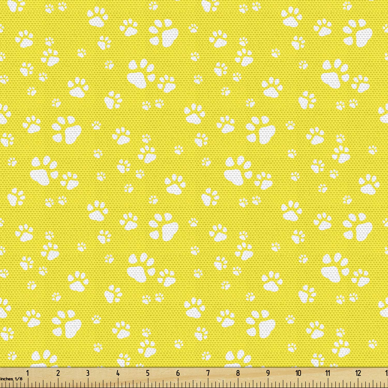 Ambesonne Yellow Fabric by The Yard, Monochrome Repetitive Paw Print Motifs Dog and Cat Lover Simplistic Animal Art, Decorative Fabric for Upholstery and Home Accents, 1 Yard, White Yellow