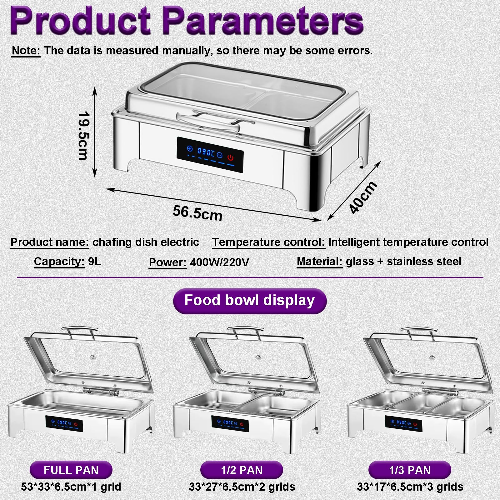 Chafing Dish Elettrico, 9L Scaldavivande Elettrico per Buffet Acciaio Inox, Contenitore Scalda Cibo Professionale Temperatura Regolabile per Buffet, Feste e Banchetti(B,1/3 Pan)