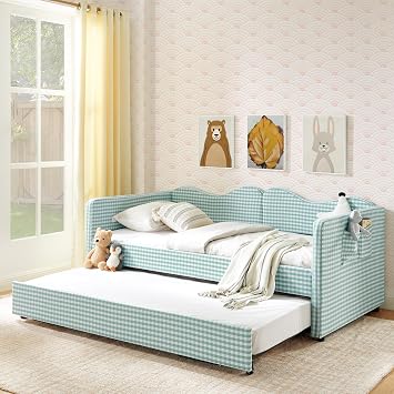 Twin to King Size Gingham Daybed with Trundle, Upholstered Twin Size Pop Up Daybeds Frame with Storage Pockets for Living Room Guest Room, No Box Spring Required, Cyan