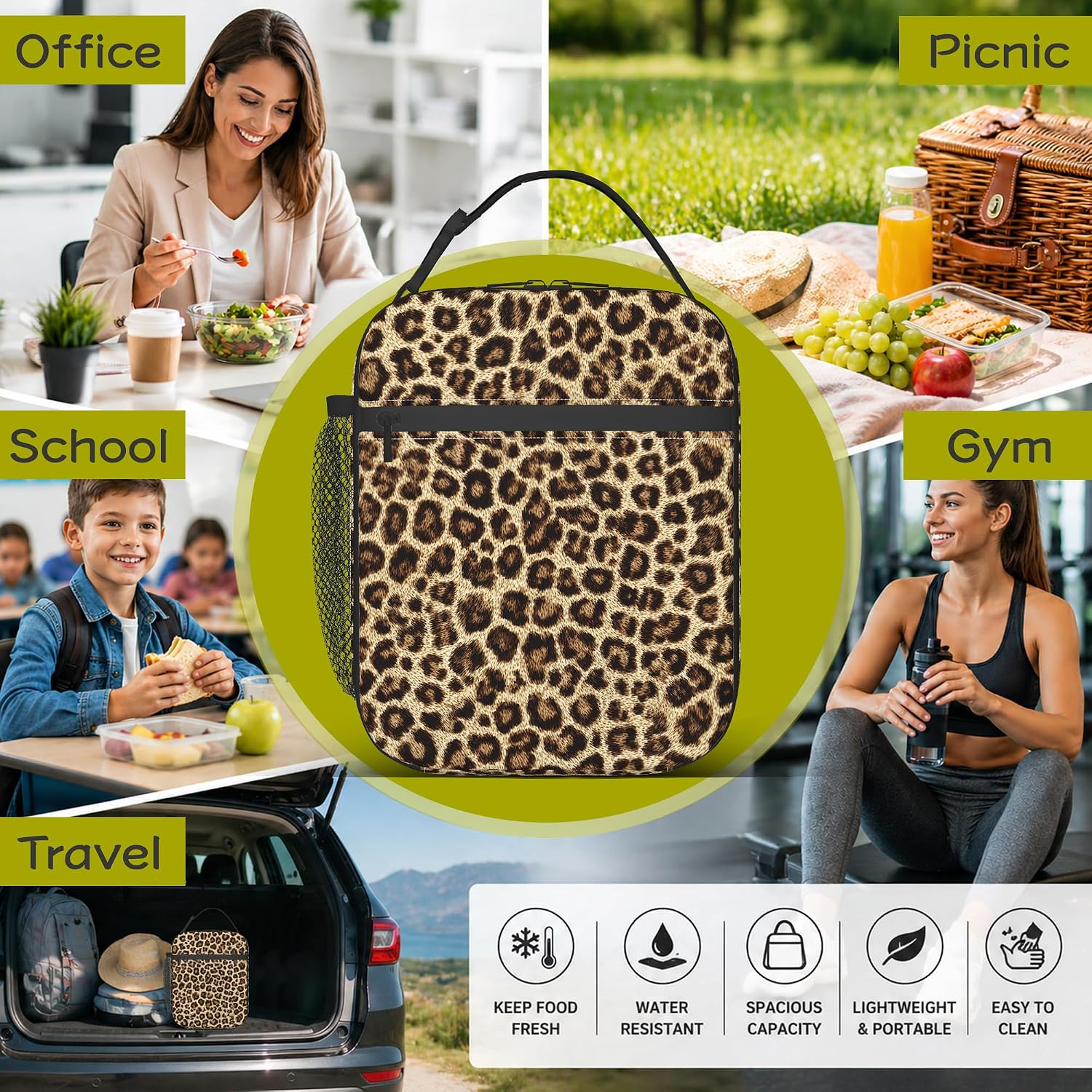 Classic Leopard Print Kids Lunch Bag Insulated Lunch Bag Reusable Cooler Lunch Box Portable Leakproof Thermal Container Tote Bags for Girls Boys School Travel