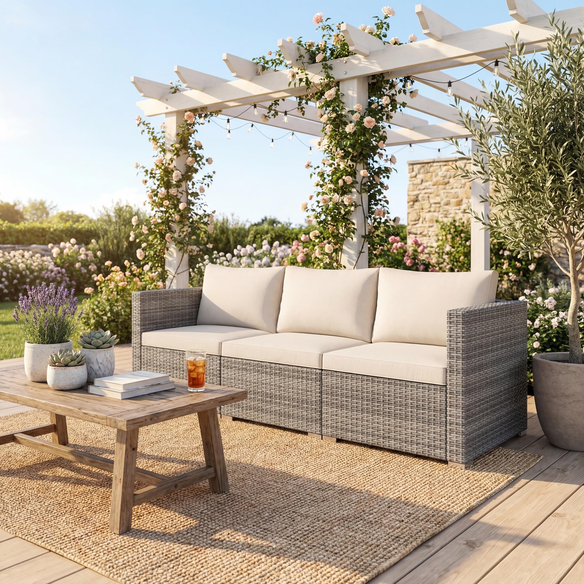 LIFEZEAL Canapé de Jardin 3 Places Rotin PE Charge 540 KG Modulable Beige