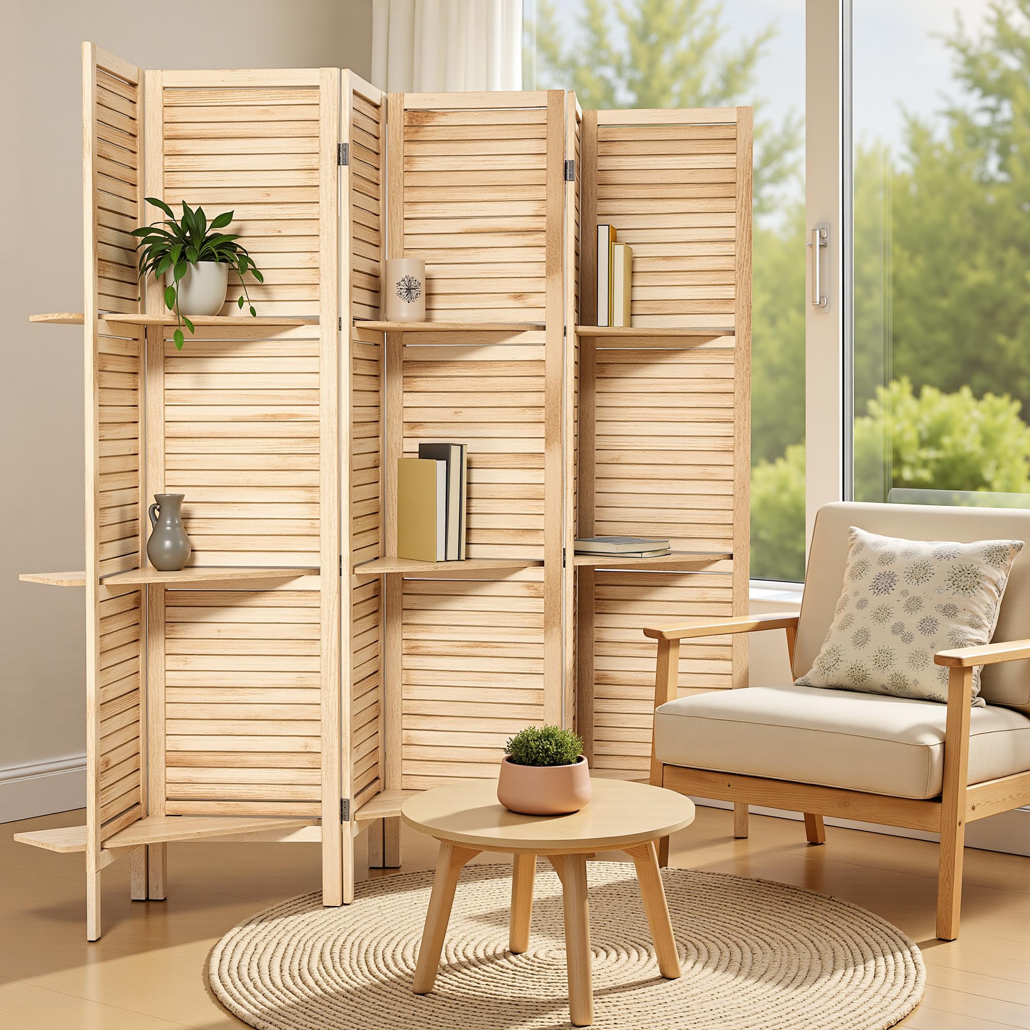 Osparple Room Divider with Shelves 6 Panel Wooden Folding Room Dividers Privacy Screen Wall Divider for Room Separation for Office and Apartment, Natural