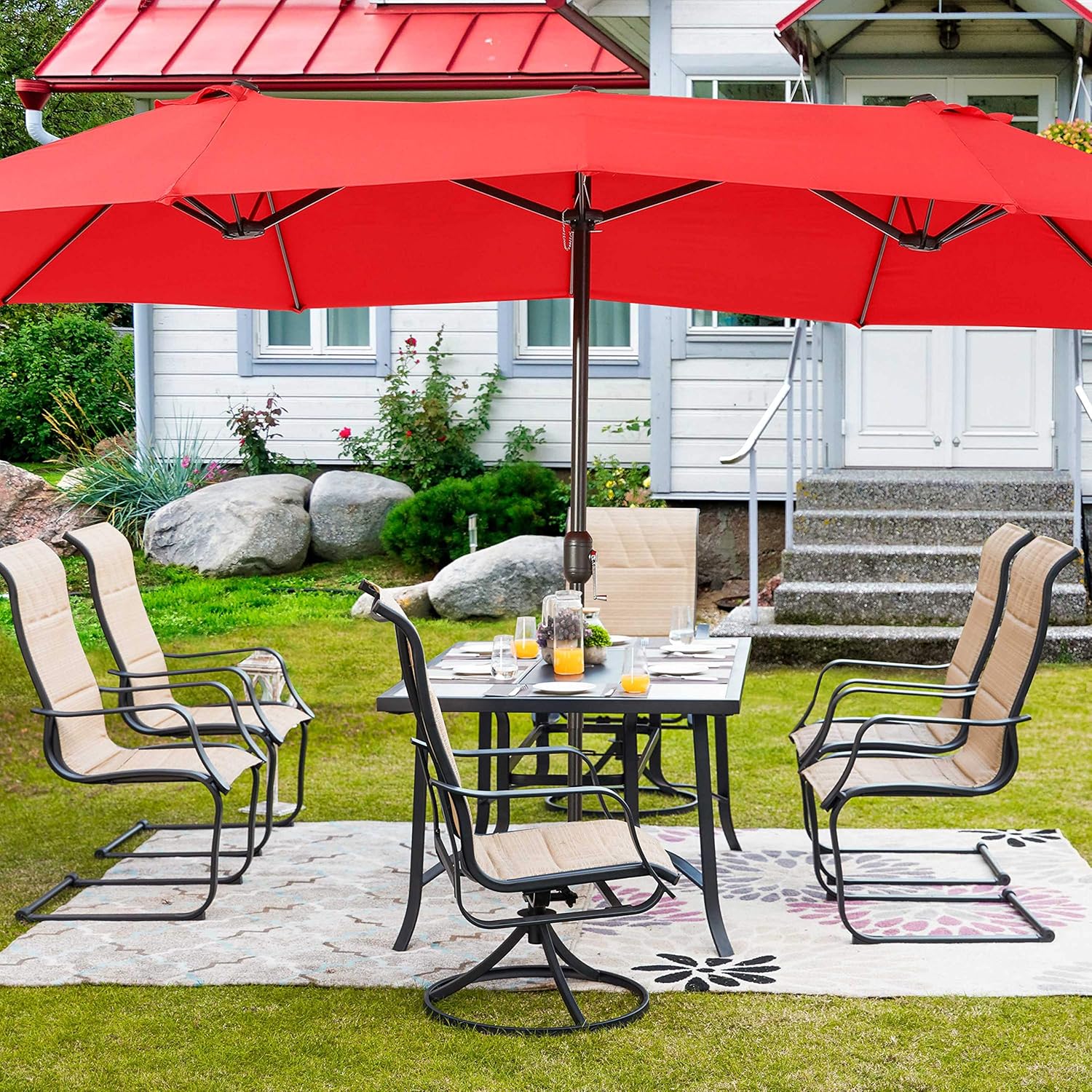 PatioFestival 15Ft Patio Double Side Umbrella with Base,Outdoor Extra Large Market Umbrella with Crank Handle, Umbrella Base Included