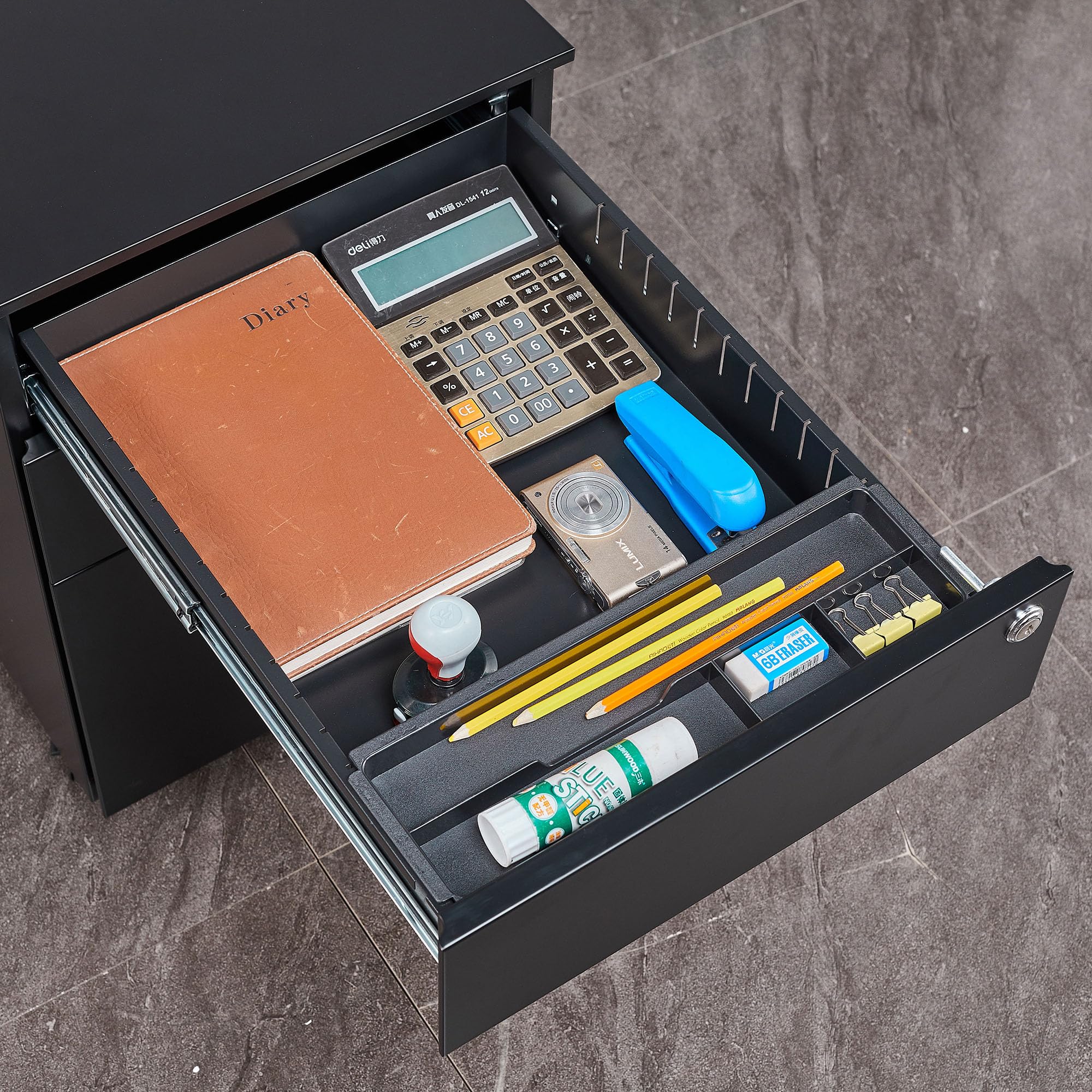 Sightlife Cassettiera Ufficio Scrivania 3 Cassetti, Cassettiera Scrivania in Metallo con Serratura, Schedario da Ufficio per Stampante, Nero, L39 x P50 x A60 cm – Prodotto da assemblare