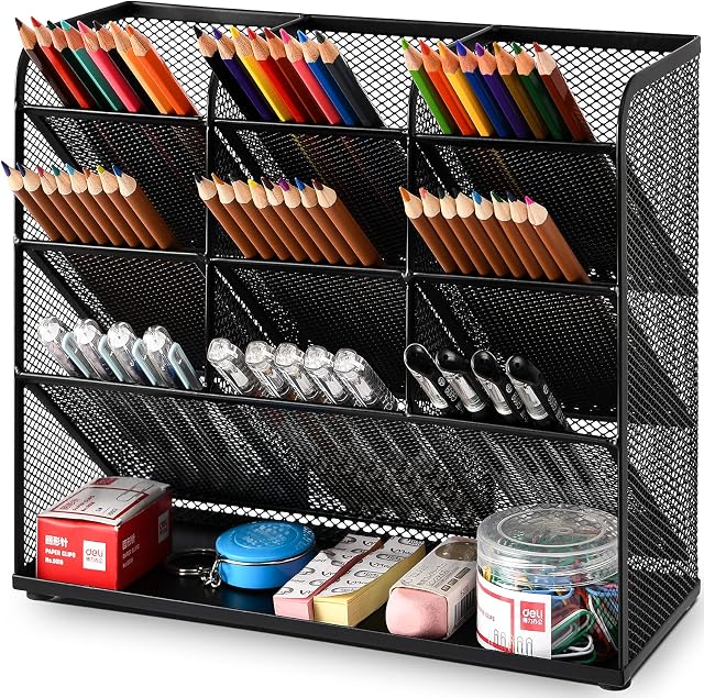Marbrasse Mesh Desk Organiser, Multi-Functional Pen Holder, Pen Organiser for Desk, Desktop Stationary Organiser, Storage Rack for School Home Office Art Supplies (Black)
