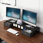 Mexin Dual Monitor Stand Riser with 2 Drawers, 39 Inch Extra Long Wood Desk Organizer, Desktop Riser for Laptop, Printer, Computer, TV, Perfect for Home Office, Black
