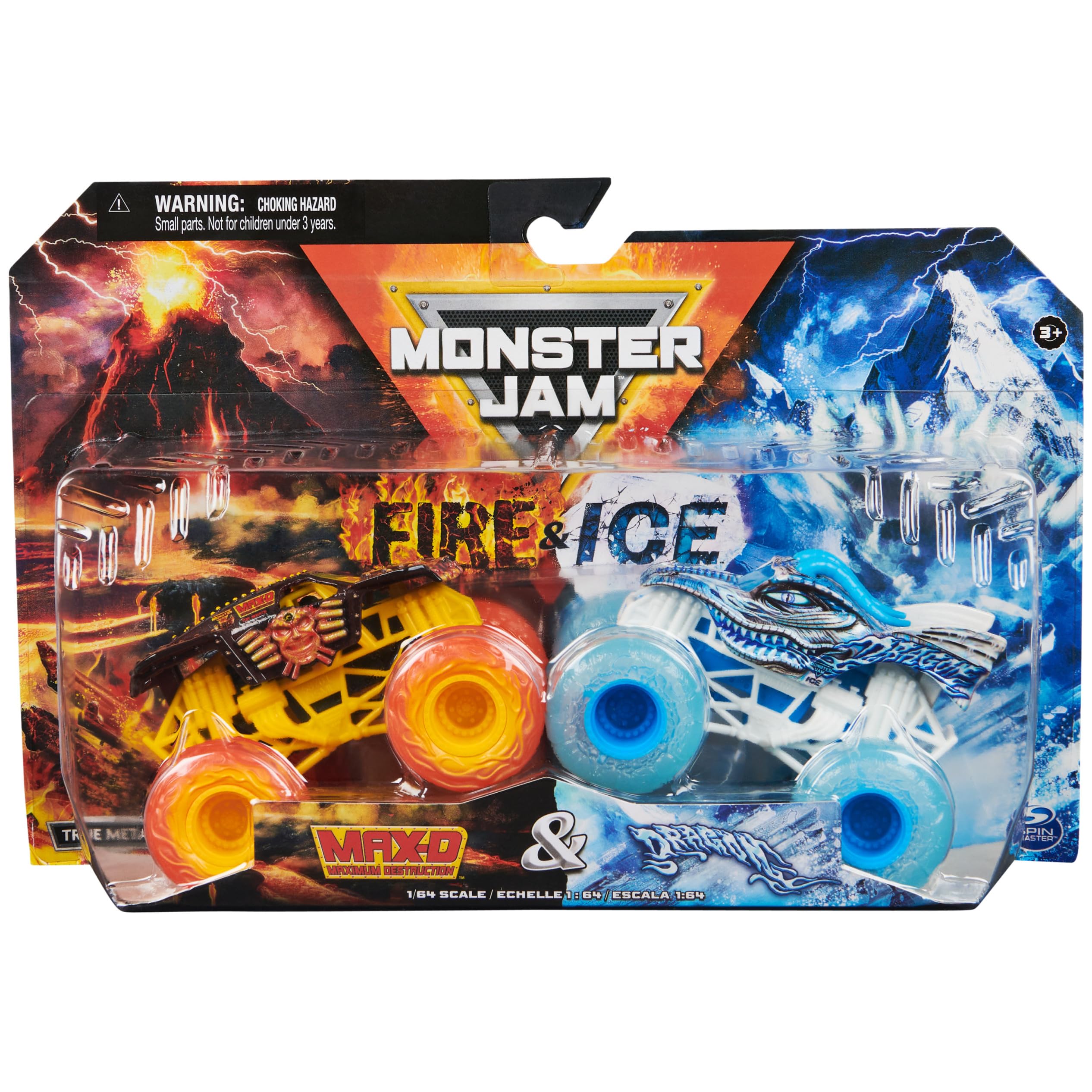 Monster Jam, Dragon Official Fire and Ice vs MAX-D Monster Trucks, 1:64 Scale, Toys for Children Ages 3 and Up