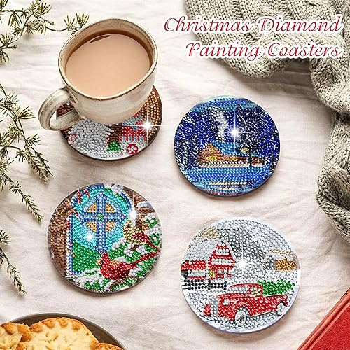 Miniatura 3 de ZYNERY 12 posavasos de arte de diamantes de Navidad con soporte, posavasos de pintura de diamantes con bolígrafo, kits de pintura de diamantes para