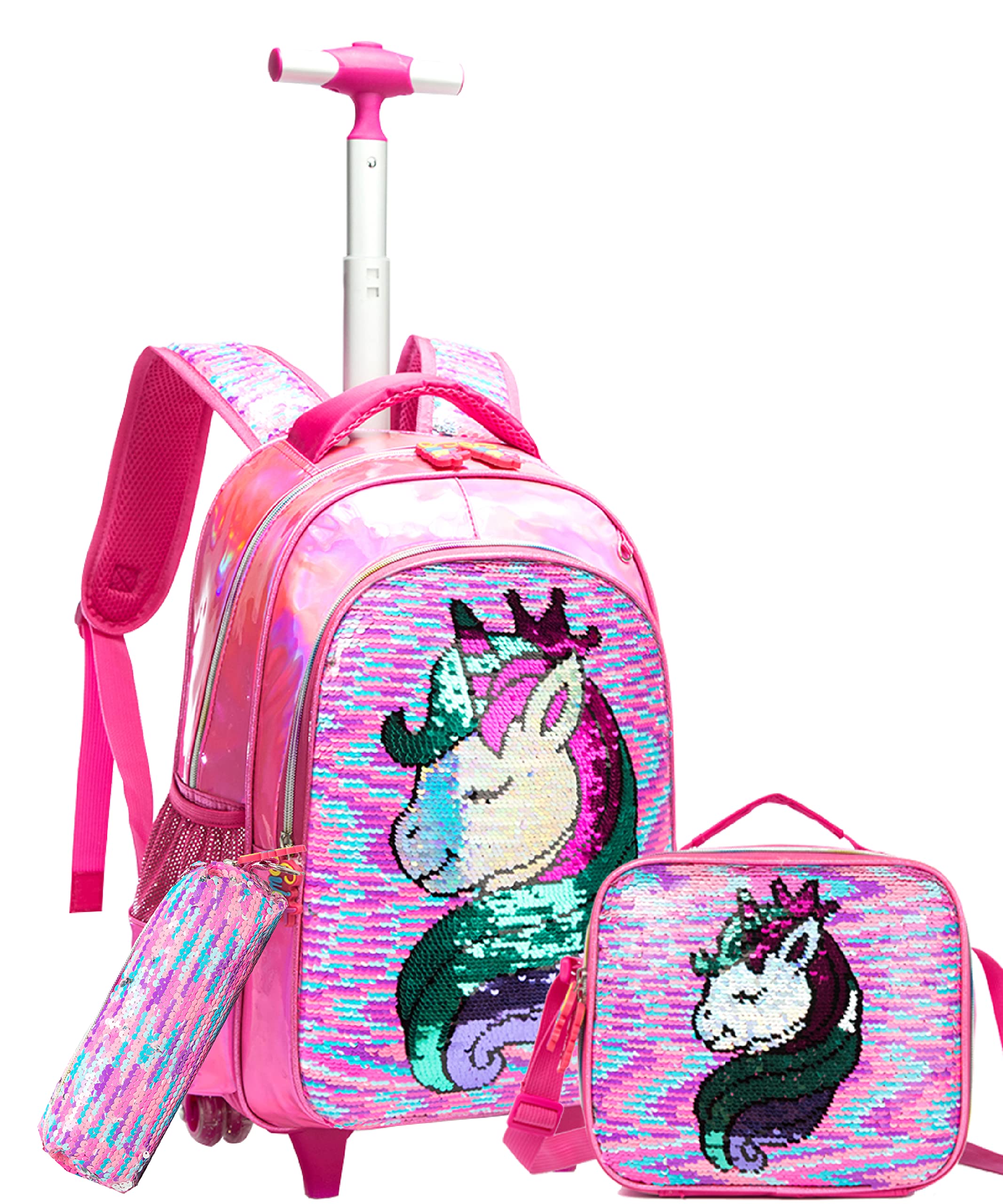 HTgroce Zaini scolastici Ragazza con ruote, Zaini Trolley Scuola con Borsa da pranzo Astuccio scolastico