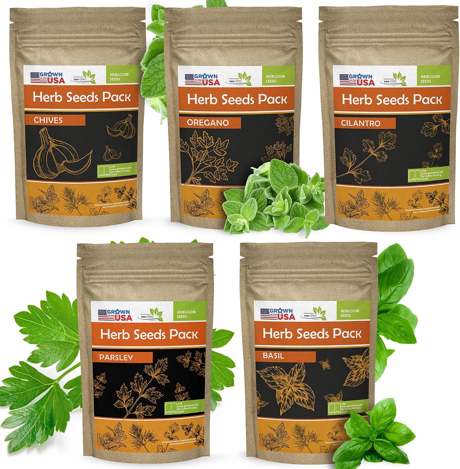 Parsley, Basil, Cilantro, Oregano, Chives - 5 Culinary Herb Seeds Pack - Heirloom and Non GMO, Grown in USA - Indoor or Outdoor Garden