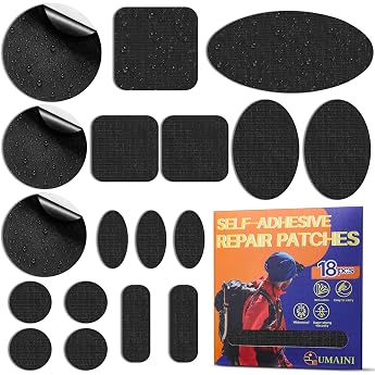 Tent Patches Repair Kit Self-Adhesive Black Pack of 18 Nylon Patches Self-Adhesive Fabric Waterproof Down Jacket Repair Patches Tent Repair Kit Nylon Repair Patches for Jacket