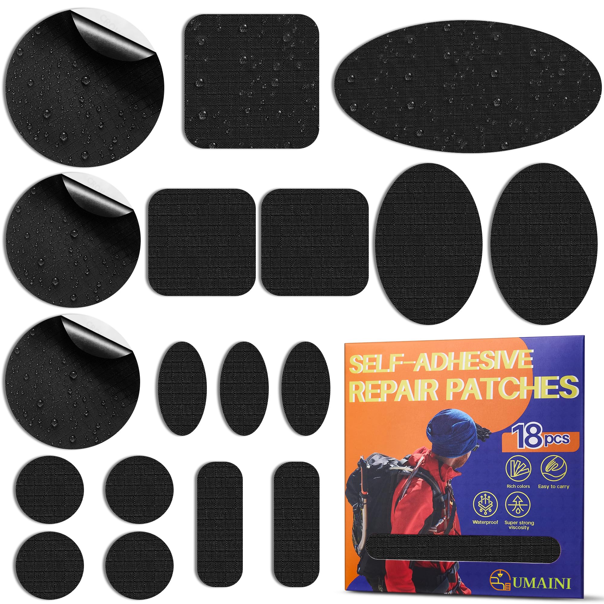 Daunenjacke Flicken Reparaturset Selbstklebend Schwarz, 18 Stück Nylon Flicken Selbstklebend Stoff, Wasserdicht Daunenjacke Reparatur Patches, Zelt Reparaturset, Nylon Reparaturflicken für Jacke