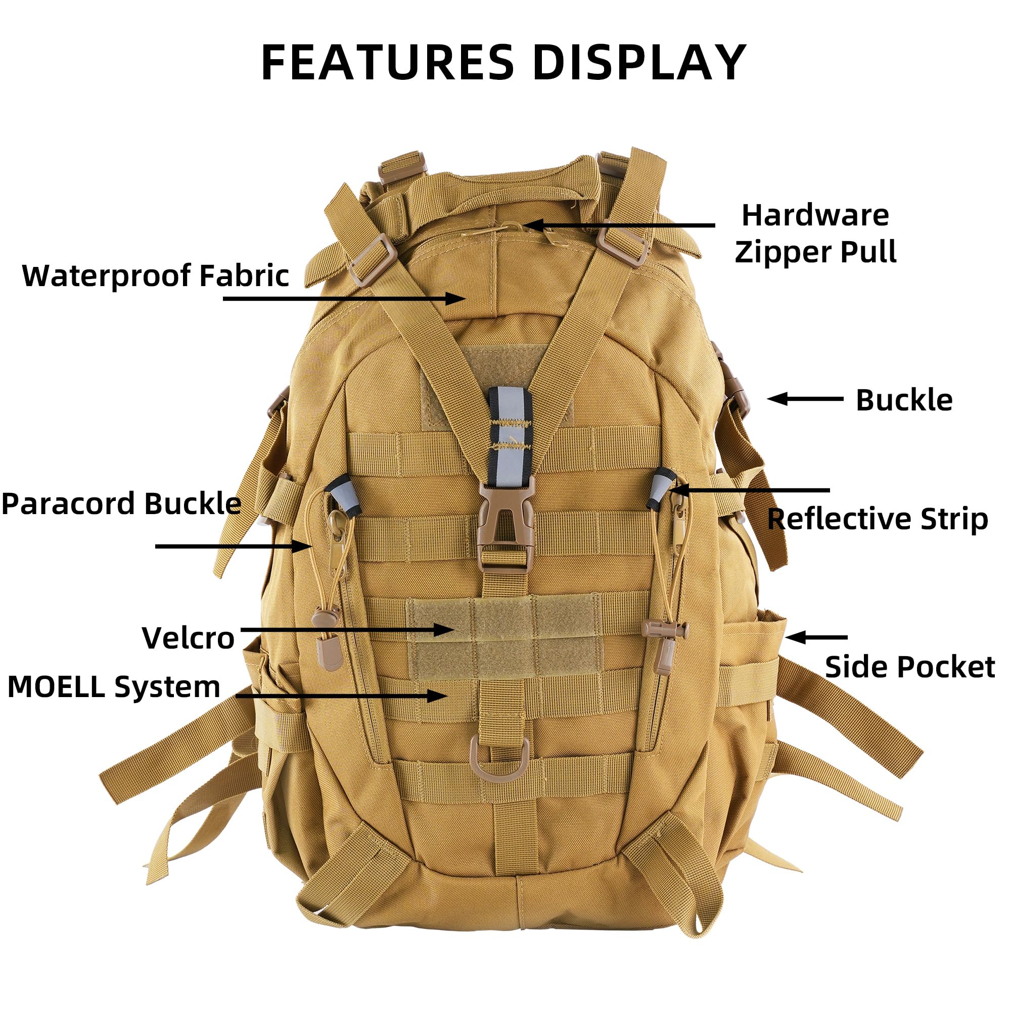 Mochila táctica, 25L/35L/45L/55L Mochila militar para camping, senderismo, caza con sistema Molle Army Daypack, 25L Caqui, Mochilas Daypack 3