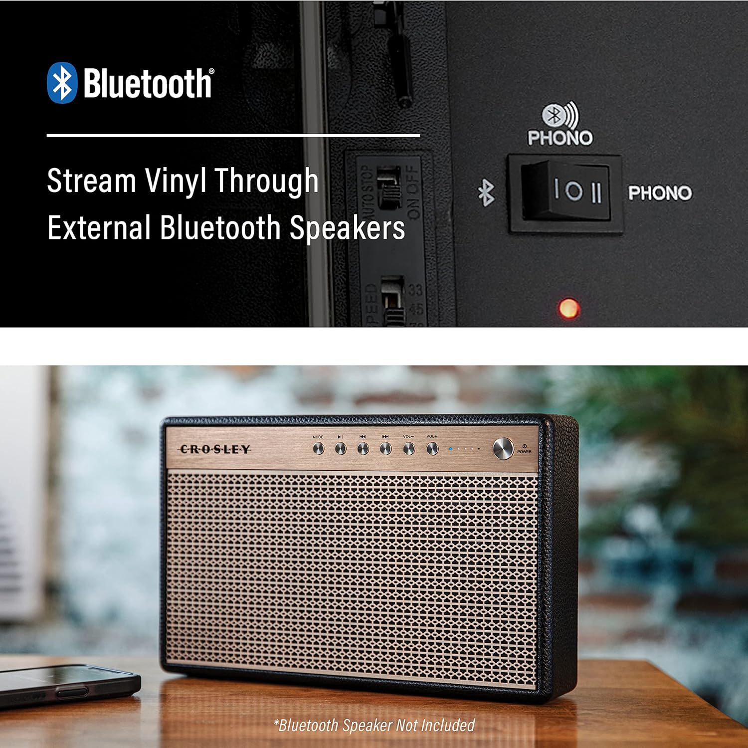 Smartphone displaying Bluetooth logo next to Crosley Discovery Record Player, indicating Bluetooth input functionality.