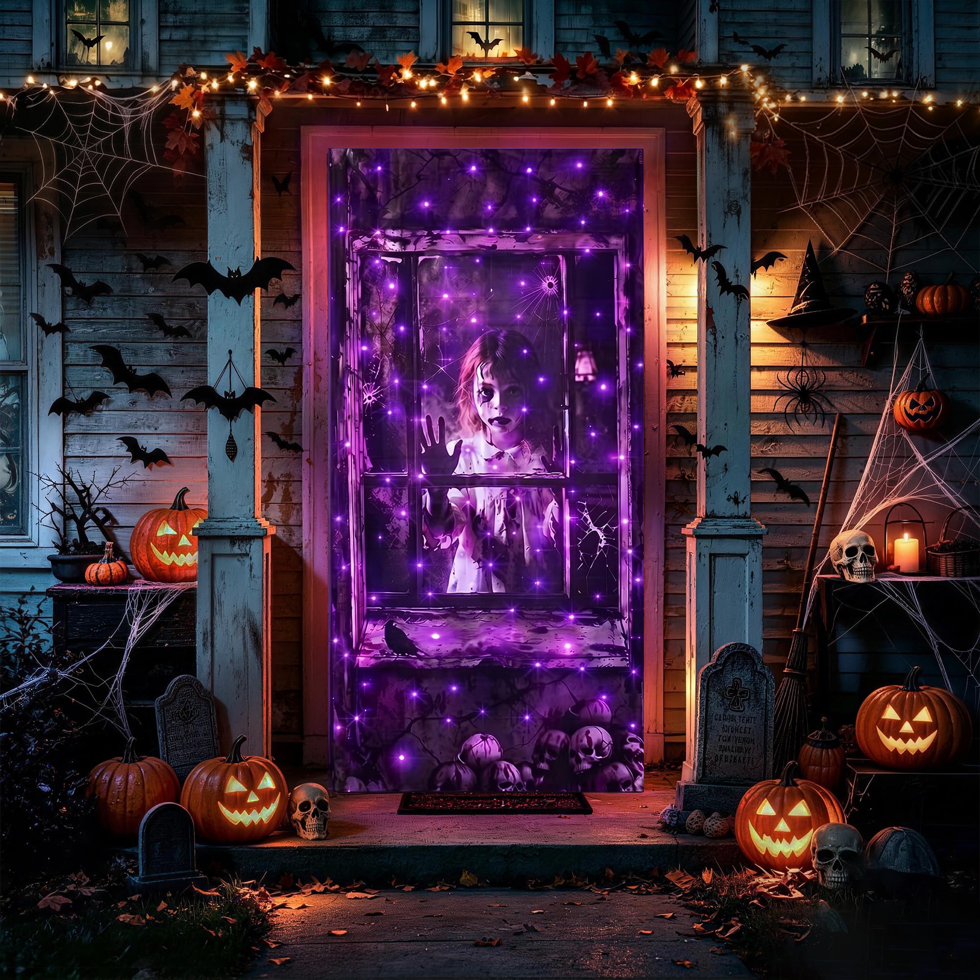 Moxled Halloween Deko Outdoor Innen - Gruselig Lichtervorhang mit 140 LED | 208 x 96cm Halloween Deko Türvorhang, Wasserdicht Lila Halloween Lichterkette mit Timer, Memory, 13 Modi für Vorhang Türdeko