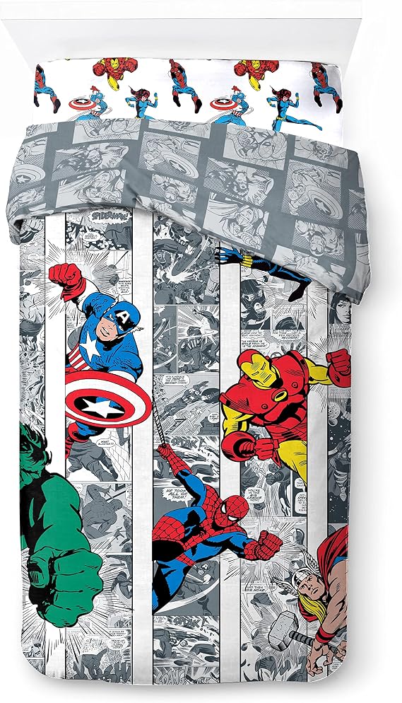 Marvel Comics Avengers Comic Cool 100% Cotton 3 Piece Single Bedding Set - Includes Duvet Cover, Fitted Sheet & Pillowcase