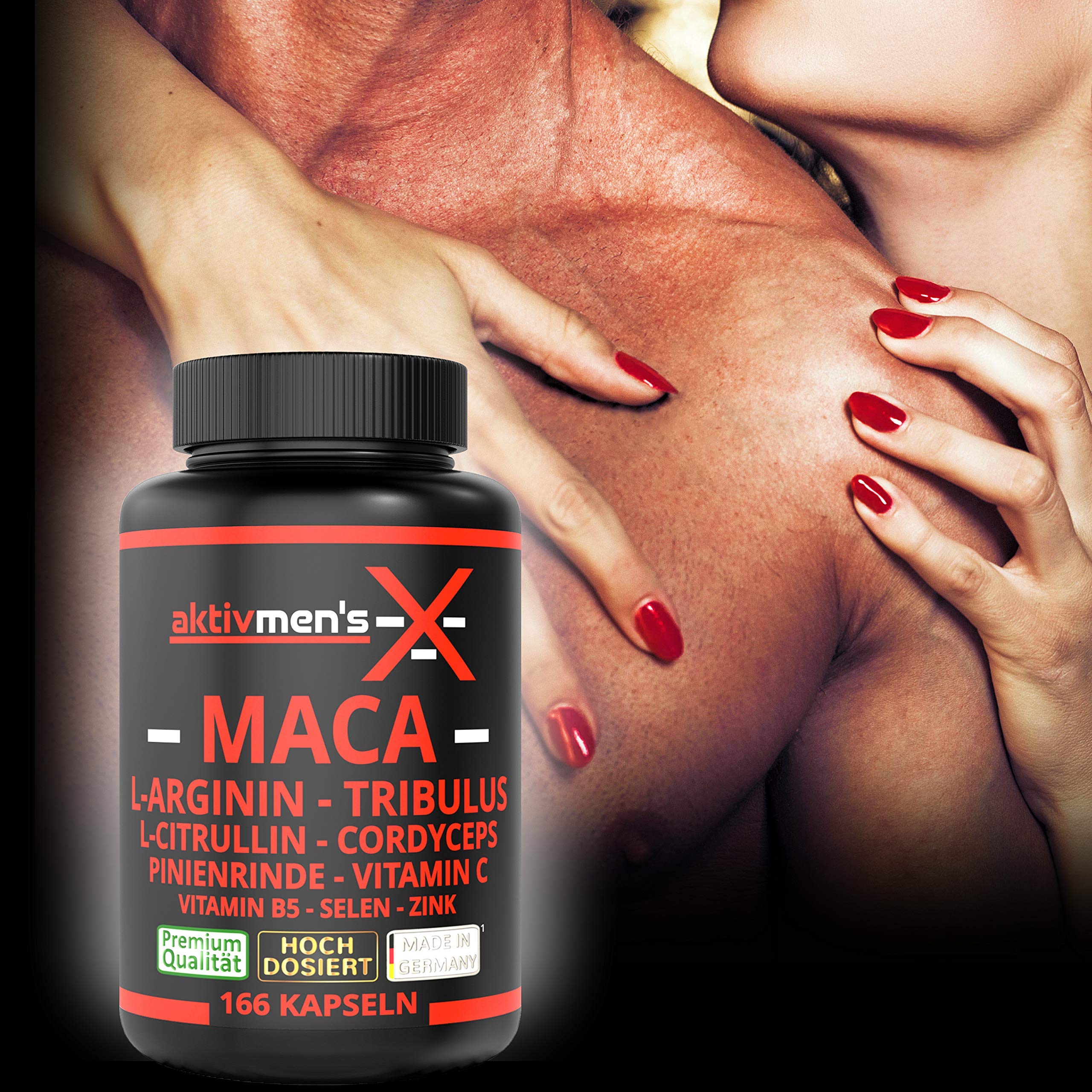aktivmen's X MACA SCHWARZ - teuflisch gut dosiert - 166 Kapseln + L-Arginin, L-Citrullin, Cordyceps, Tribulus, Pinienrinden Extrakt, Selen, Vitamin C + B5, Zink, 1 Dose (1x134.9g)