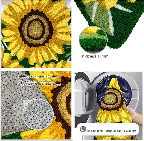 Miniatura 6 de ABREEZE Alfombra de algodón tejida a mano con forma de girasol, alfombra lavable de baño, alfombra de interior para porche delantero, granja,