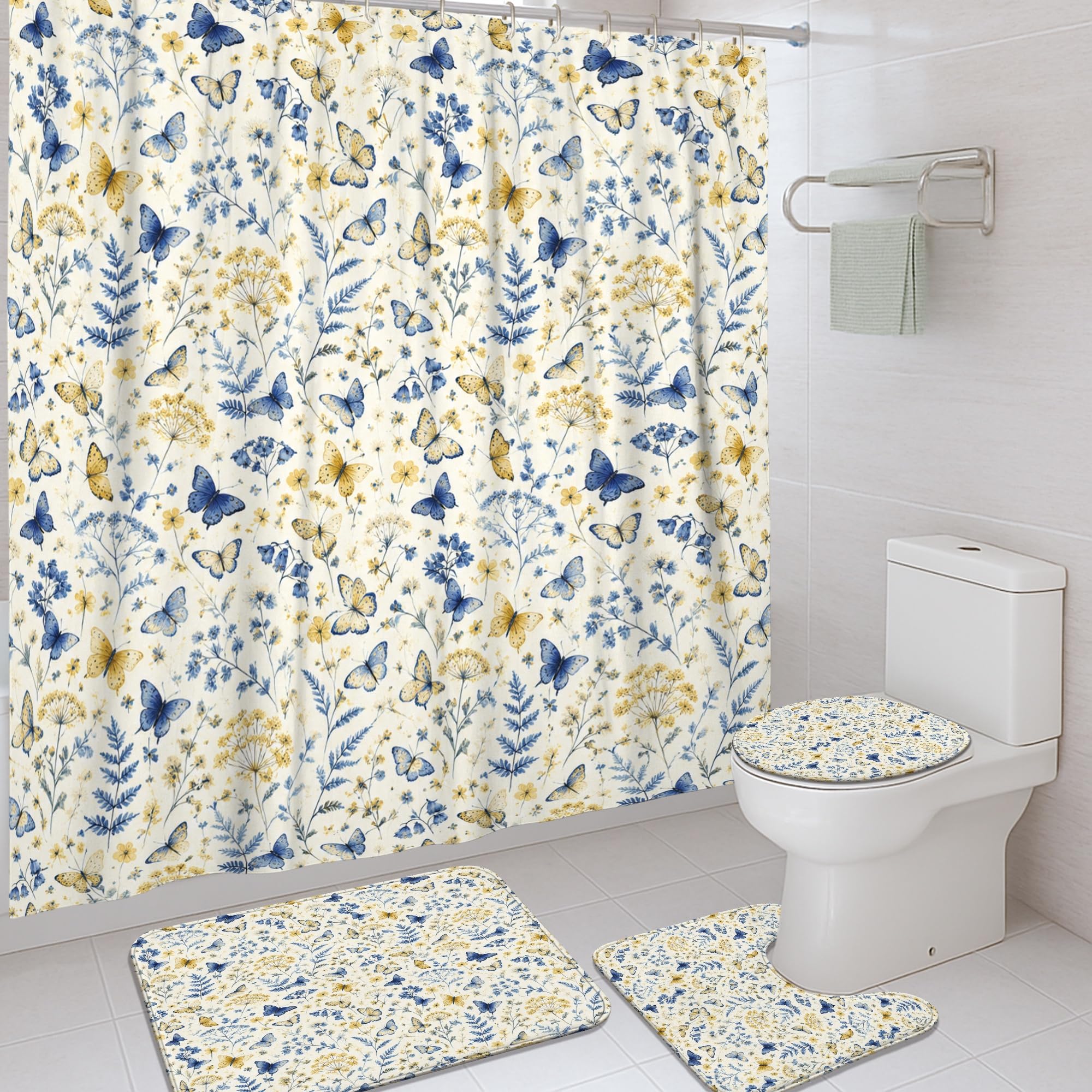Rideau de douche papillon fleur naturelle feuilles printemps bleu en tissu 183x183