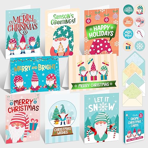 Decorably 16 Pack Foiled 5x7in Gnome Christmas Cards with Envelopes and Stickers, 8 Adorable Holiday Designs Seasons Greetings for Family, Friends & Loved Ones with Printed Message, Gifting, Mailing