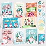 Decorably 16 Pack Foiled 5x7in Gnome Christmas Cards with Envelopes and Stickers, 8 Adorable Designs Gnome Holiday Cards with Printed Message Inside