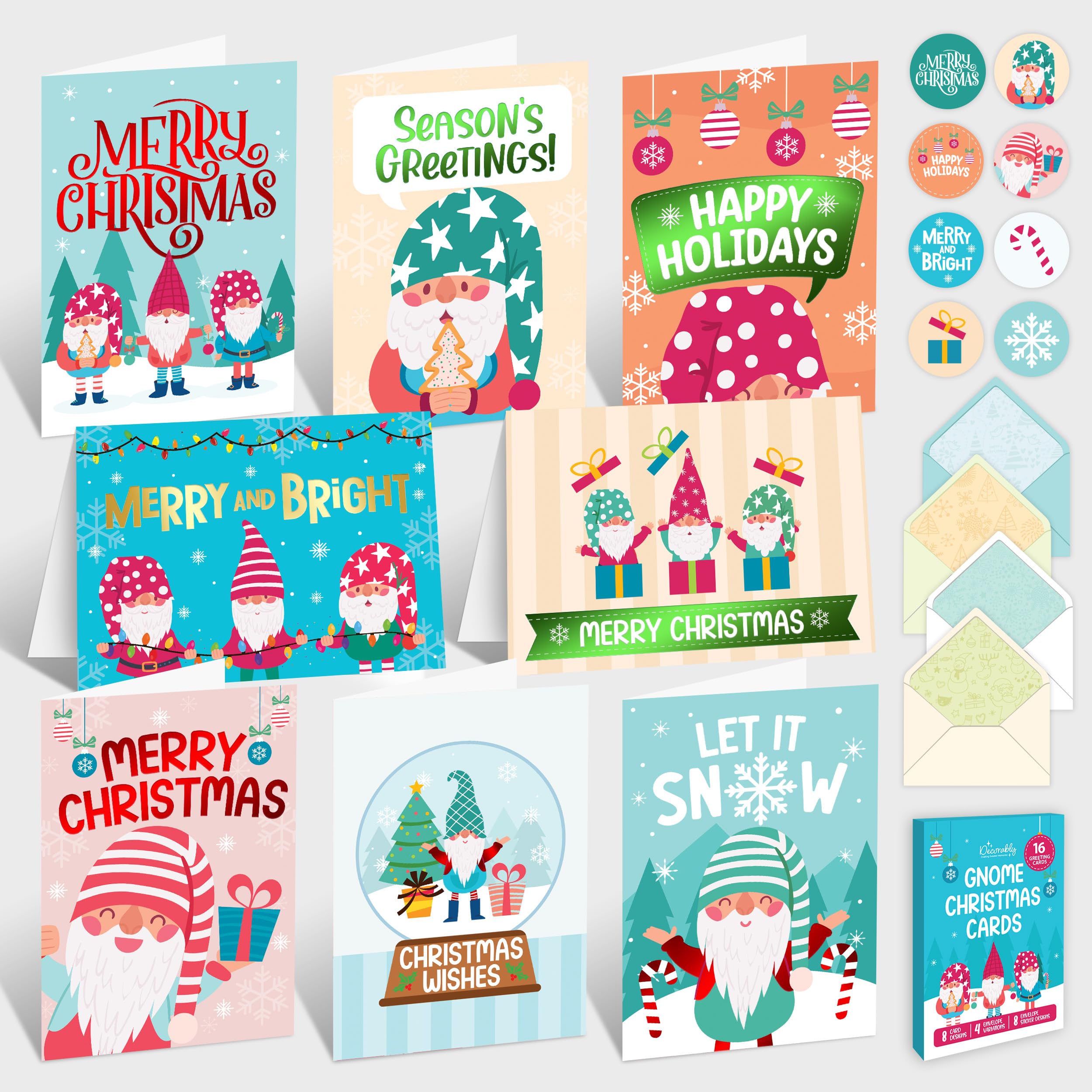 Decorably Lot de 16 cartes de Noël en forme de gnom, 12,7 x 17,8 cm, 8 motifs, 16 cartes