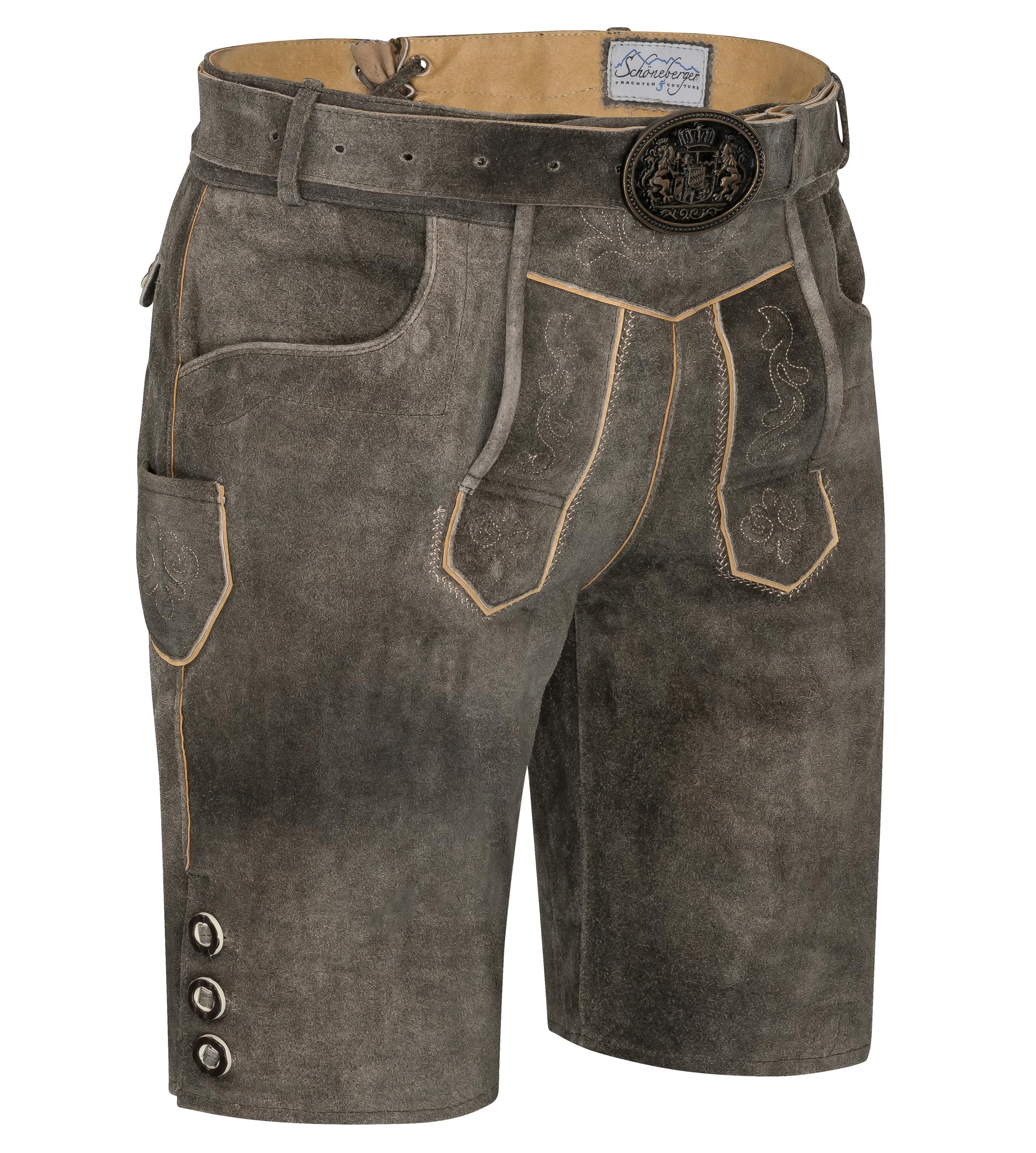 Schöneberger Trachten Couture Herren Lederhose kurz mit Trachtengürtel, Trachtenlederhose für Oktoberfest, Original Nubuk-Leder, Tegernsee