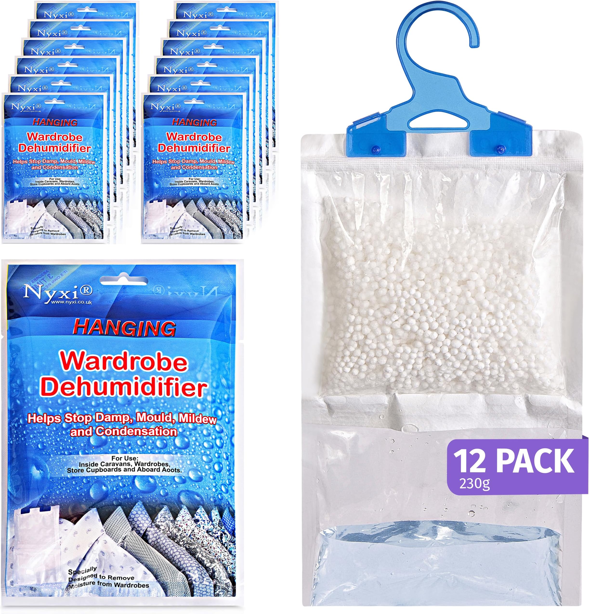 Nyxi Set of 12 Hanging Interior Wardrobe Dehumidifier - 230g Each Bag - Ideal to stop damp, mould mildew & condensation- For Wardrobe, Home, Kitchen, Garage, Bedroom, Caravan, Office, Basement etc