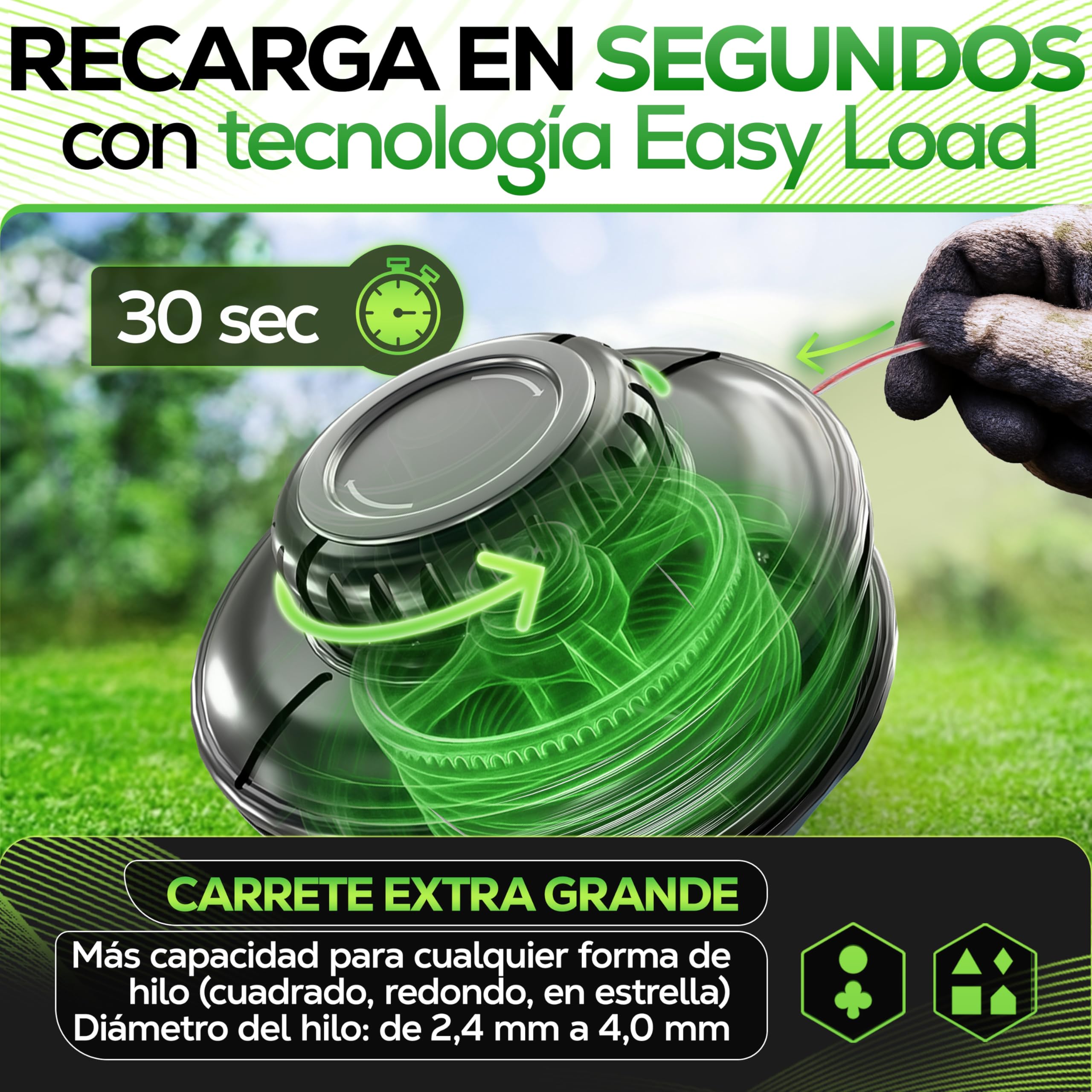 Heckenpracht® Cabezal de hilo para desbrozadora con pomo de acero, rosca izquierda, cabezal de recortador con función Tap & Go | Cortar el césped eficiente con cabezal de corte para desbrozadora