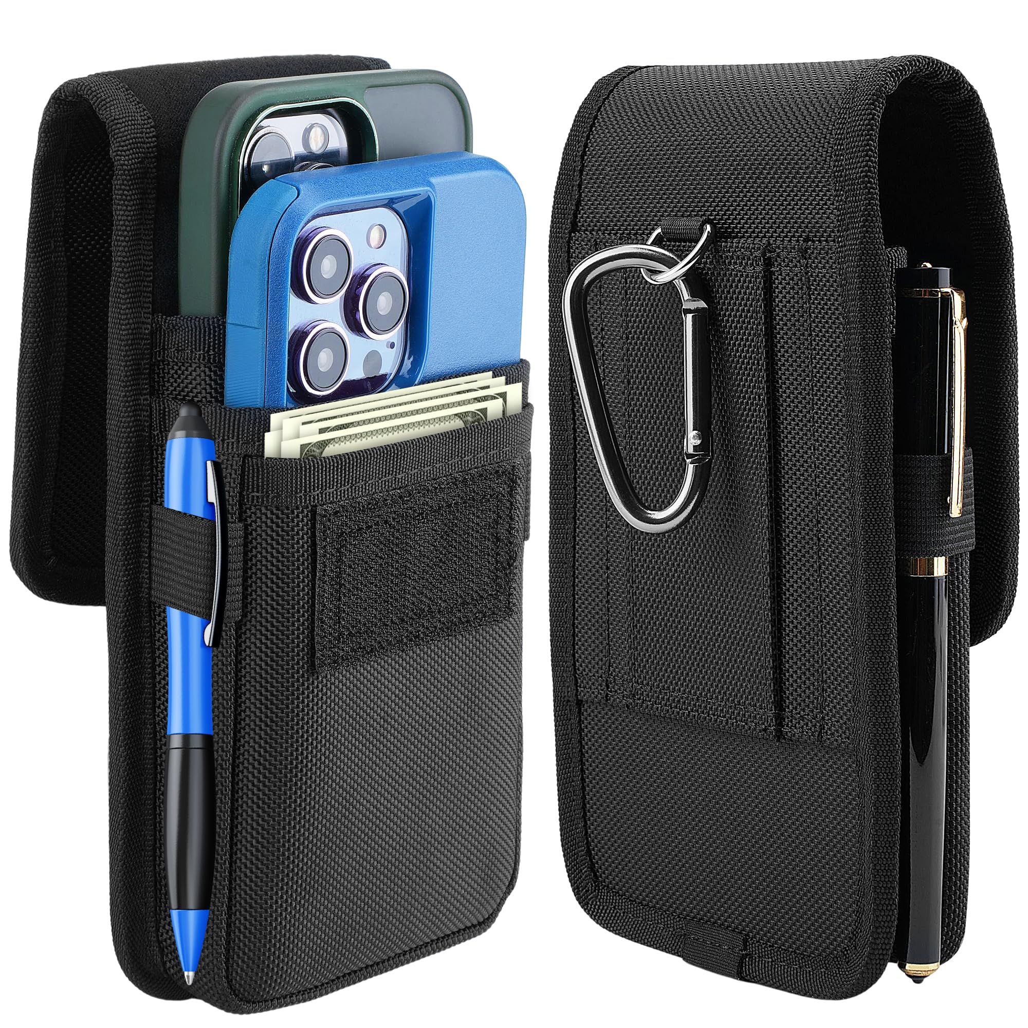 Gcepls Étui de téléphone portable double pour homme, grand sac banane en nylon pour 2 smartphones, avec passant de ceinture, pour iPhone (16, 15, 14, 13, 12, 11) Pro Max/Plus, Samsung Galaxy (S24,