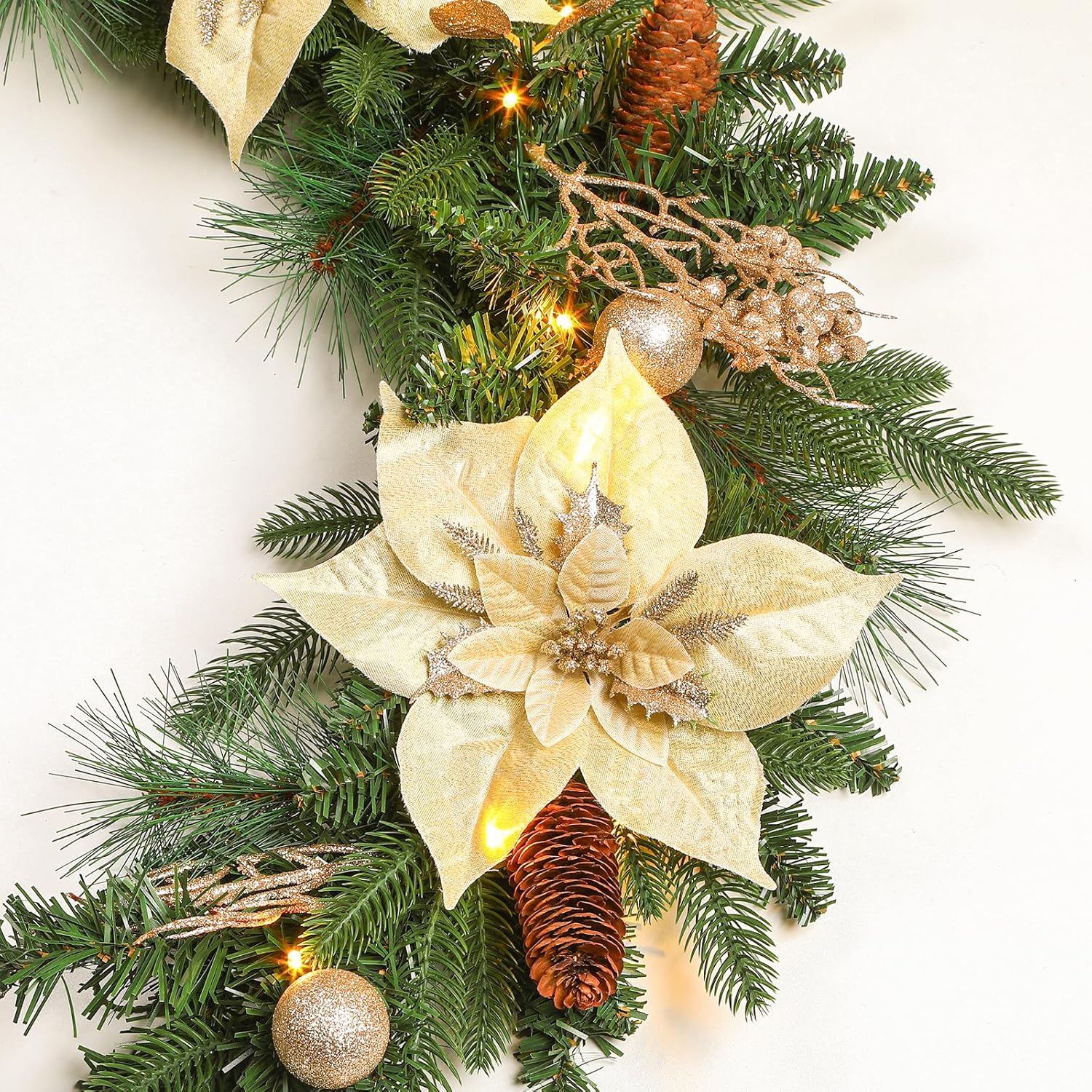 SHareconn 6FT Prelit Christmas Garland Decorations with Multi-Color LED Lights, Battery-Operated Timer, Lighted Garland with Ball Poinsettia for MantleTable Fireplace Stairs Railing Indoor Decor