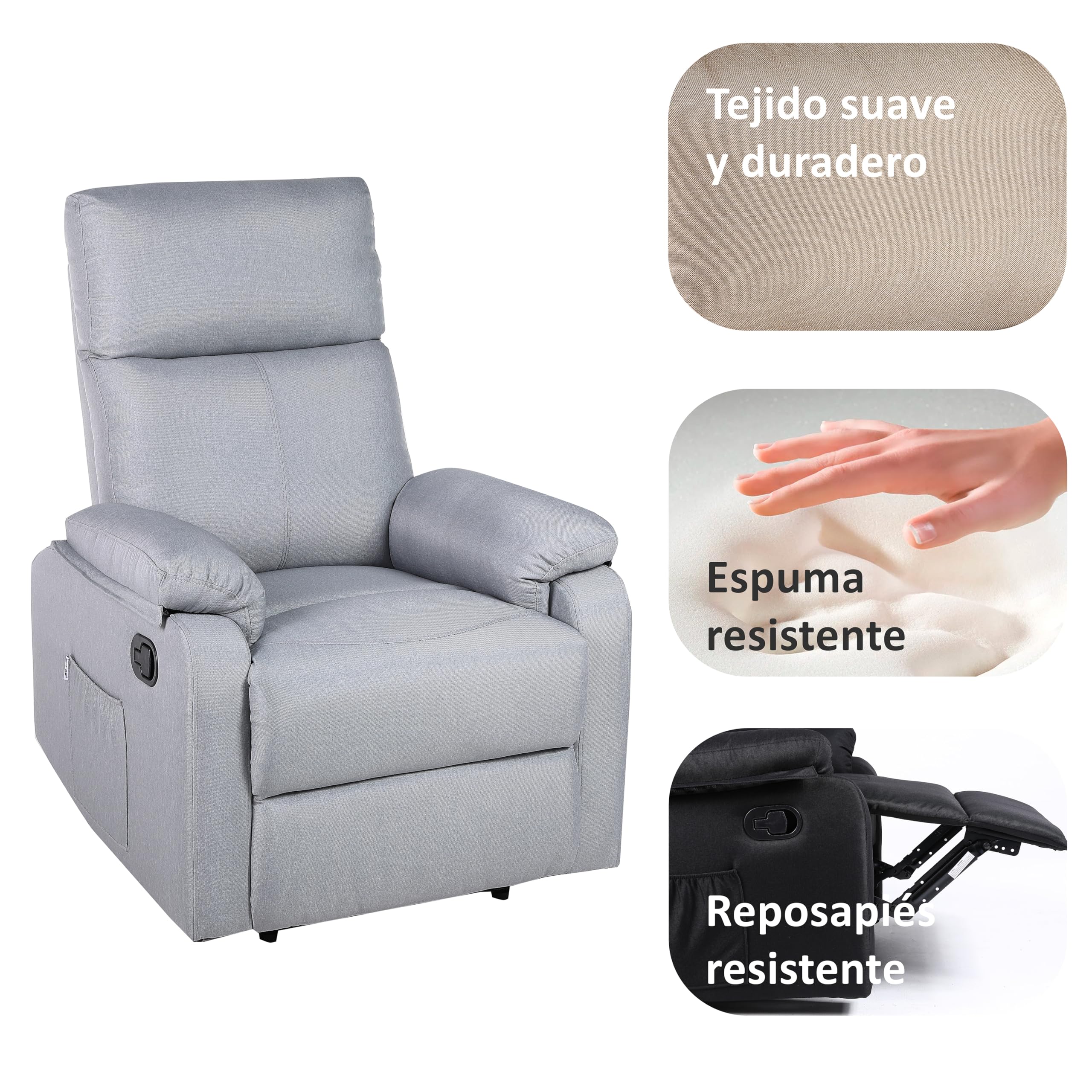 ECODE® Sillón Reclinable Manual de Tela con Calor Lumbar, Reposabrazos Lavables y USB de Carga – Comodidad para Personas Mayores en Salones o Espacios Reducidos