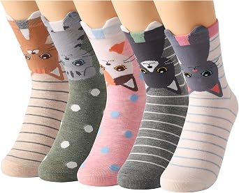 Tosewever 5 Pairs Womens Cute Animal Casual Socks, Girls Fun Cozy Cat Dogs Sock